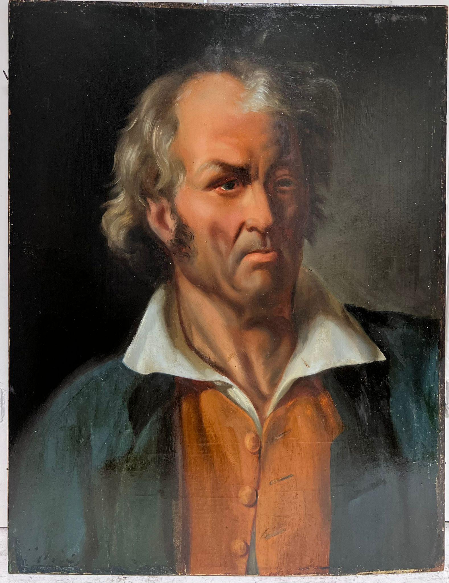 Gran óleo francés del siglo XIX sobre panel de madera Retrato de un hombre vestido de forma ruda en venta 2