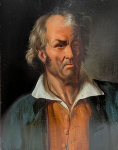Gran óleo francés del siglo XIX sobre panel de madera Retrato de un hombre vestido de forma ruda