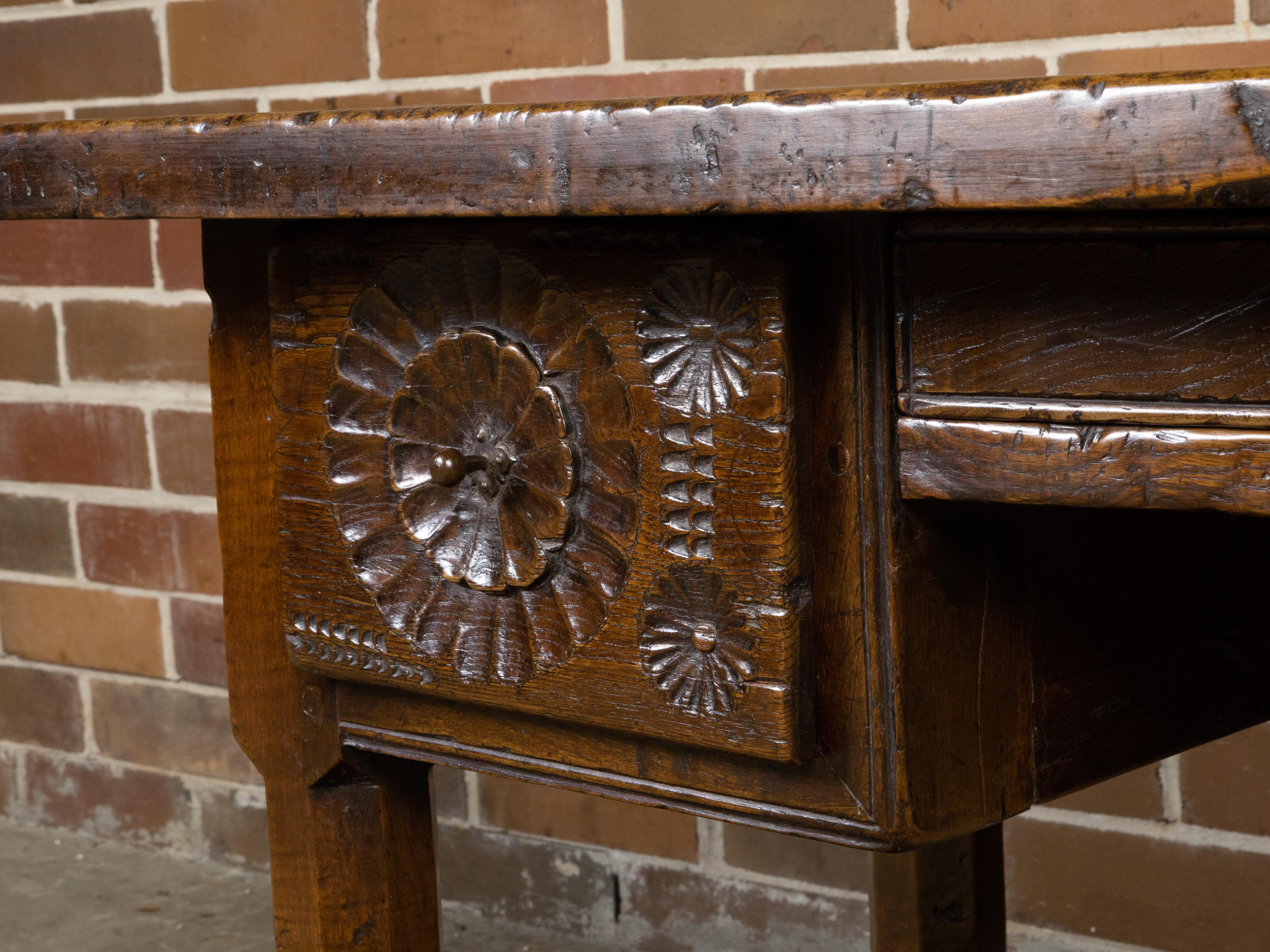 French 1800s Walnut Desk with Three Drawers, Carved Floral Motifs and Patina For Sale 6