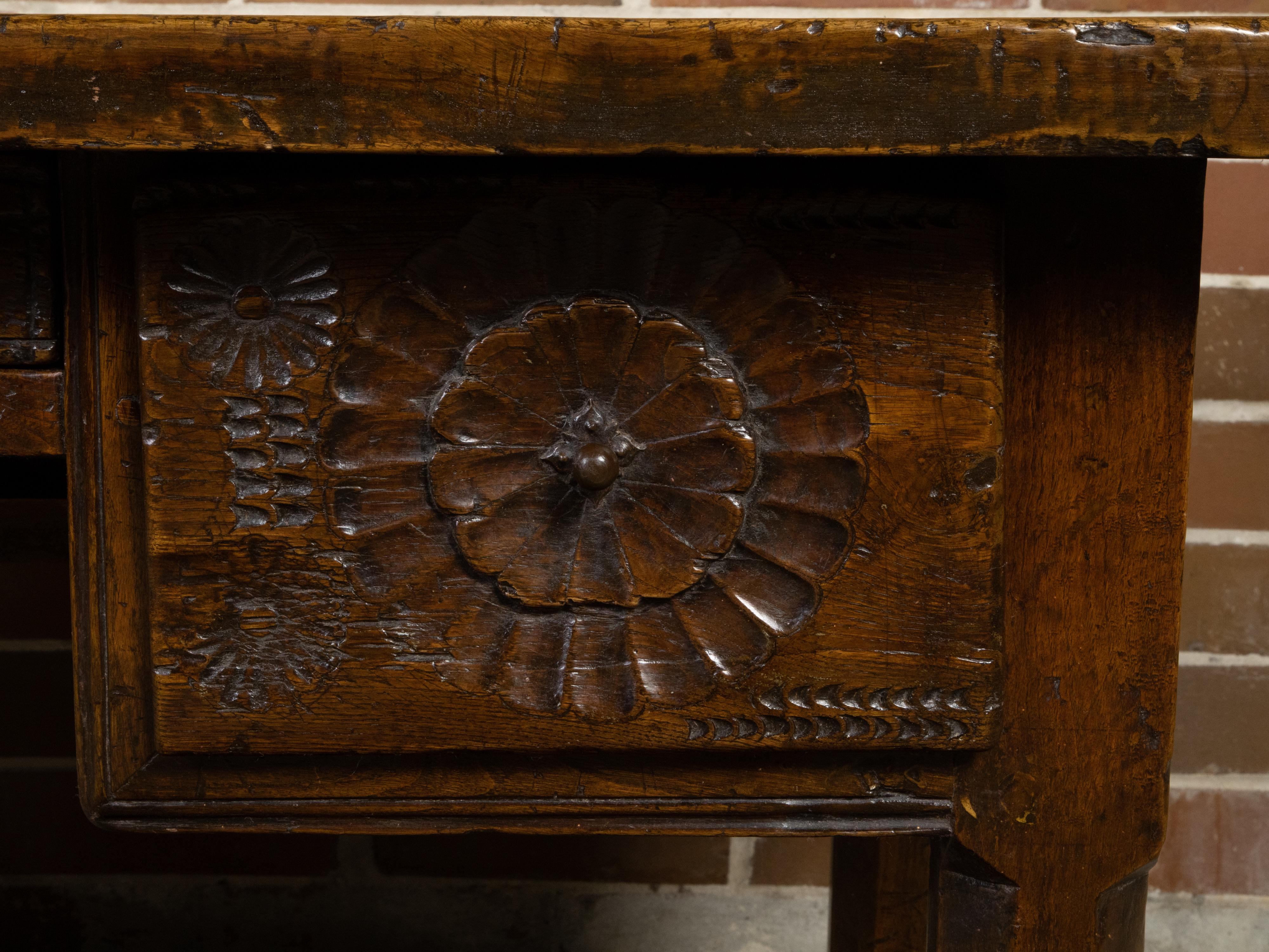 French 1800s Walnut Desk with Three Drawers, Carved Floral Motifs and Patina For Sale 7