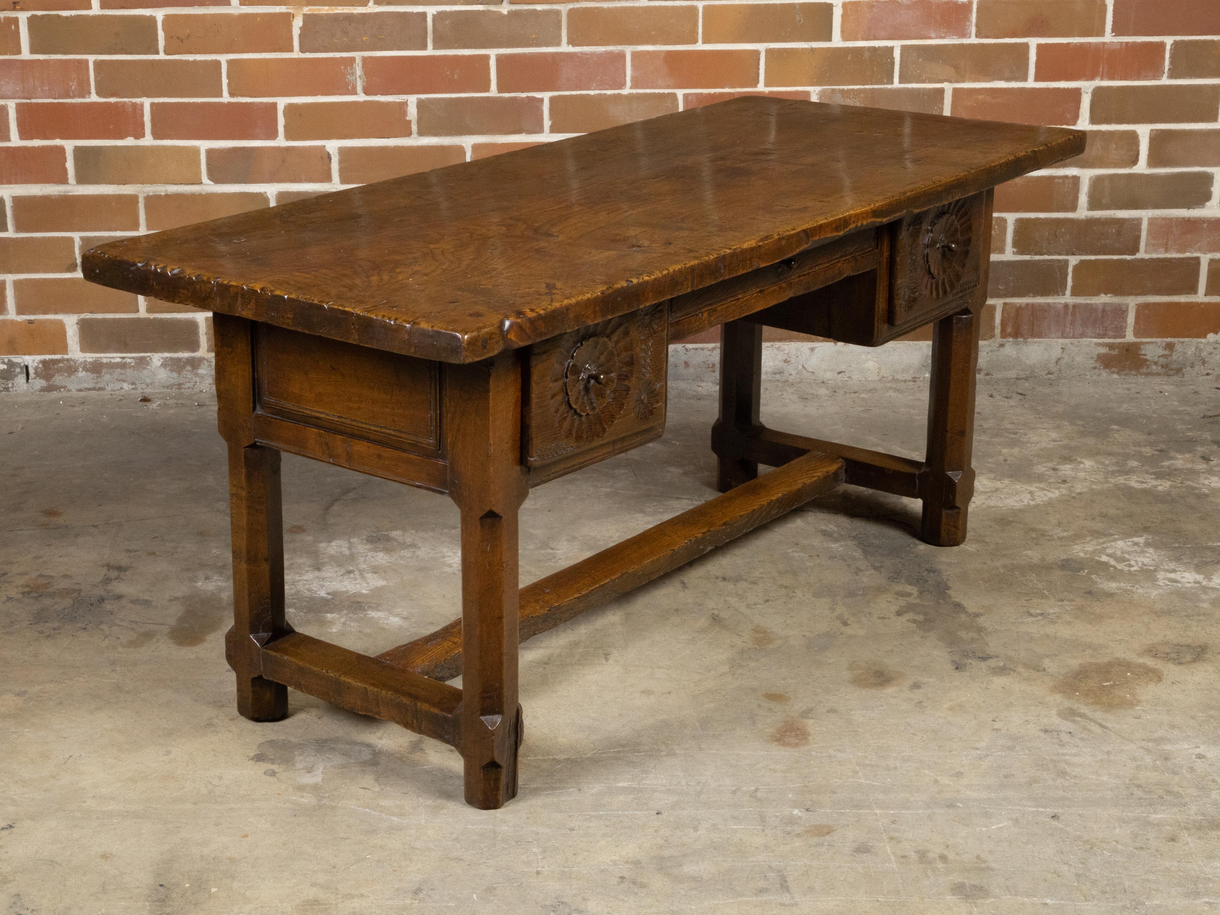 French 1800s Walnut Desk with Three Drawers, Carved Floral Motifs and Patina In Good Condition For Sale In Atlanta, GA