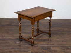 French 1800s Walnut Side Table with Single Drawer and Turned Baluster Legs