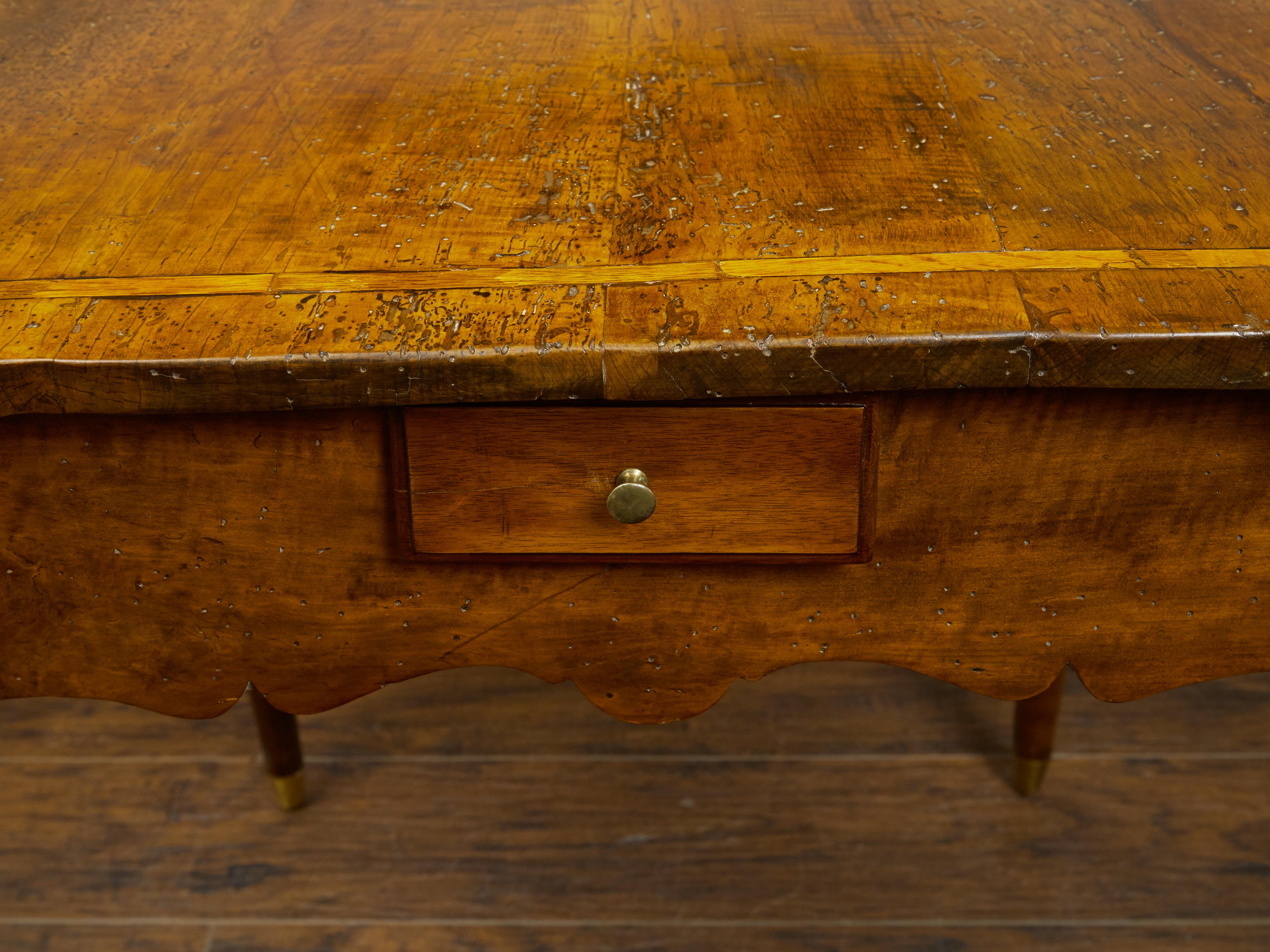 Inlay French 1800s Walnut Table with Banding, Four Petite Drawers and Carved Apron For Sale