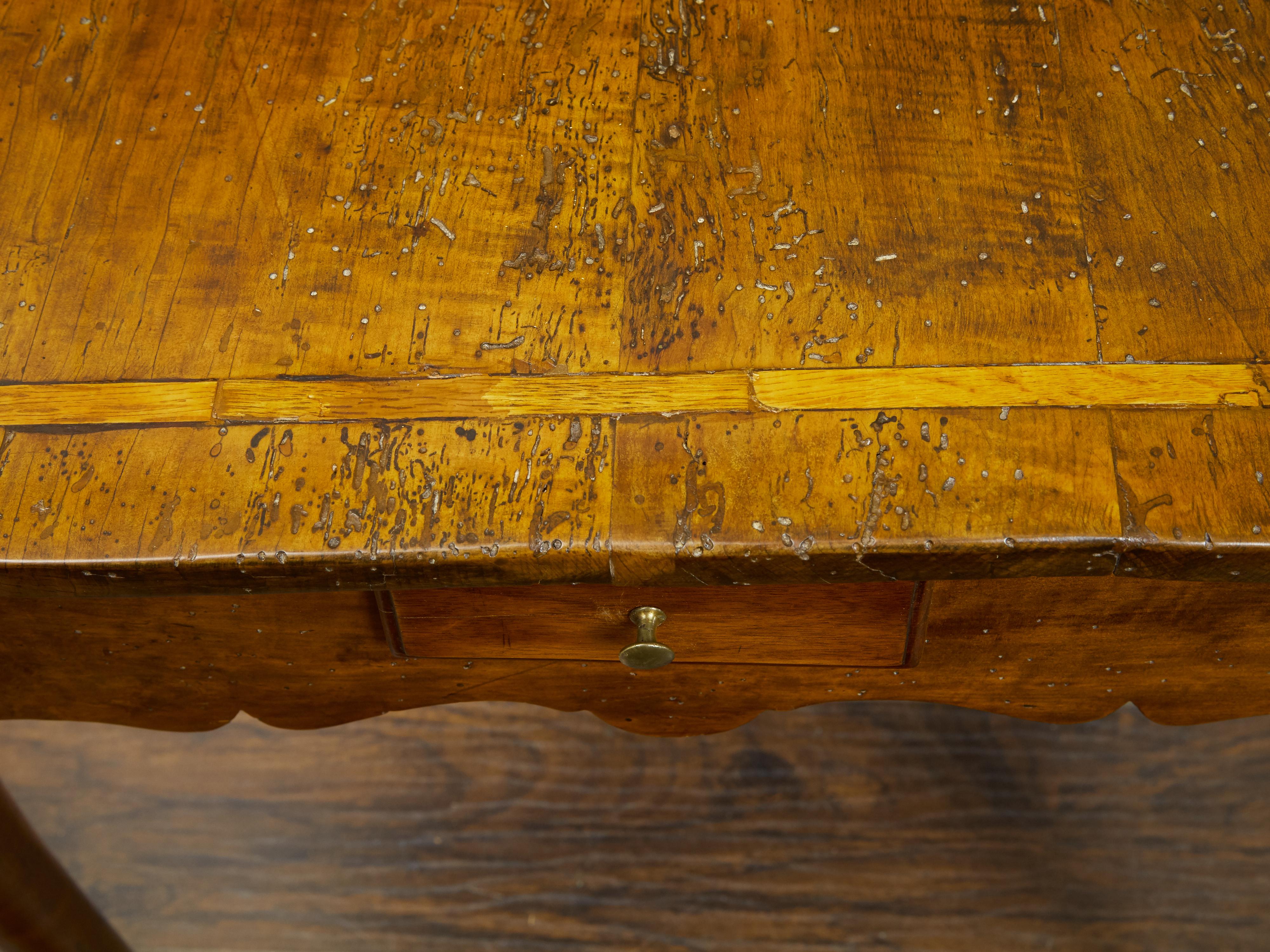 French 1800s Walnut Table with Banding, Four Petite Drawers and Carved Apron In Good Condition For Sale In Atlanta, GA