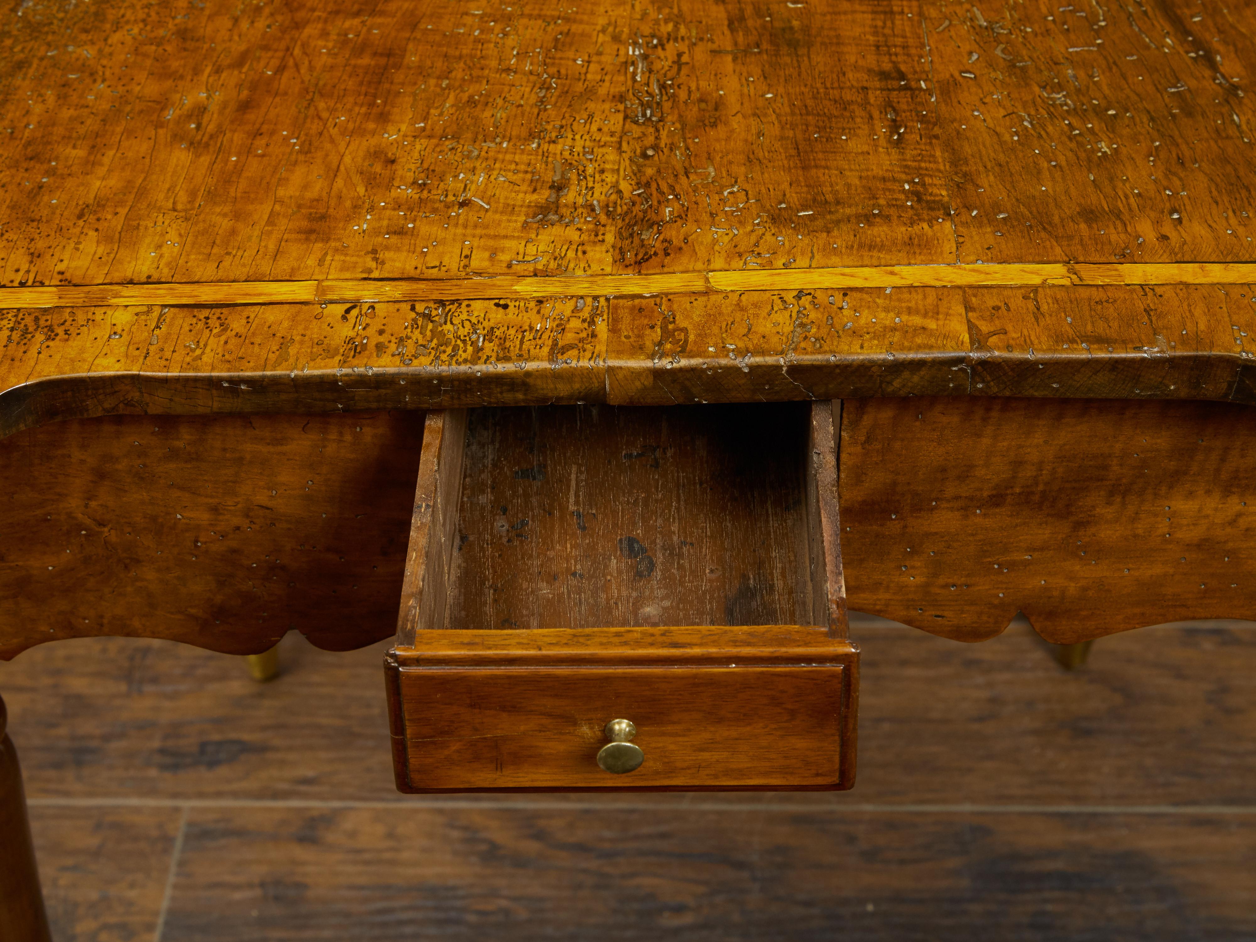 19th Century French 1800s Walnut Table with Banding, Four Petite Drawers and Carved Apron For Sale