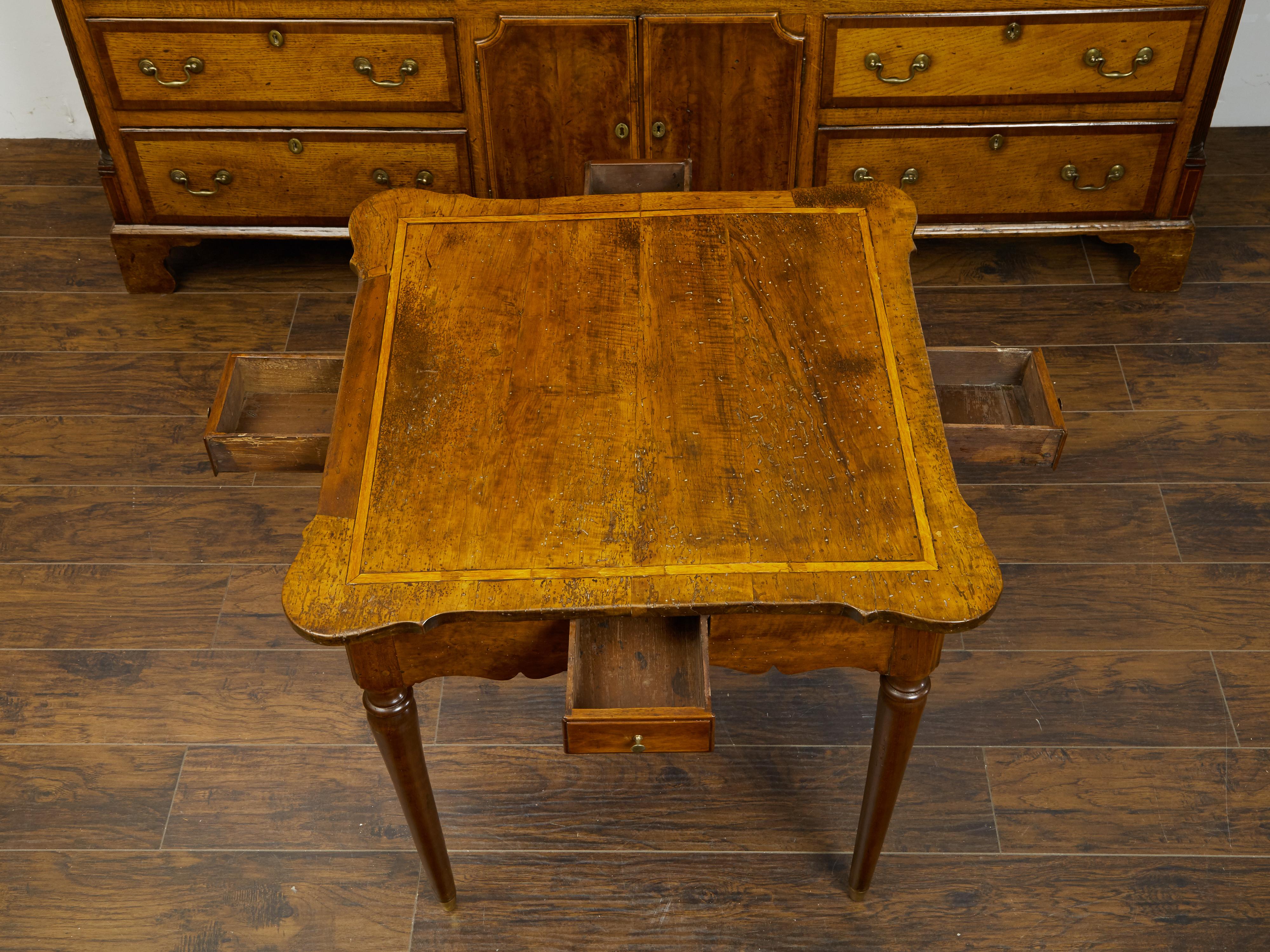 French 1800s Walnut Table with Banding, Four Petite Drawers and Carved Apron For Sale 1