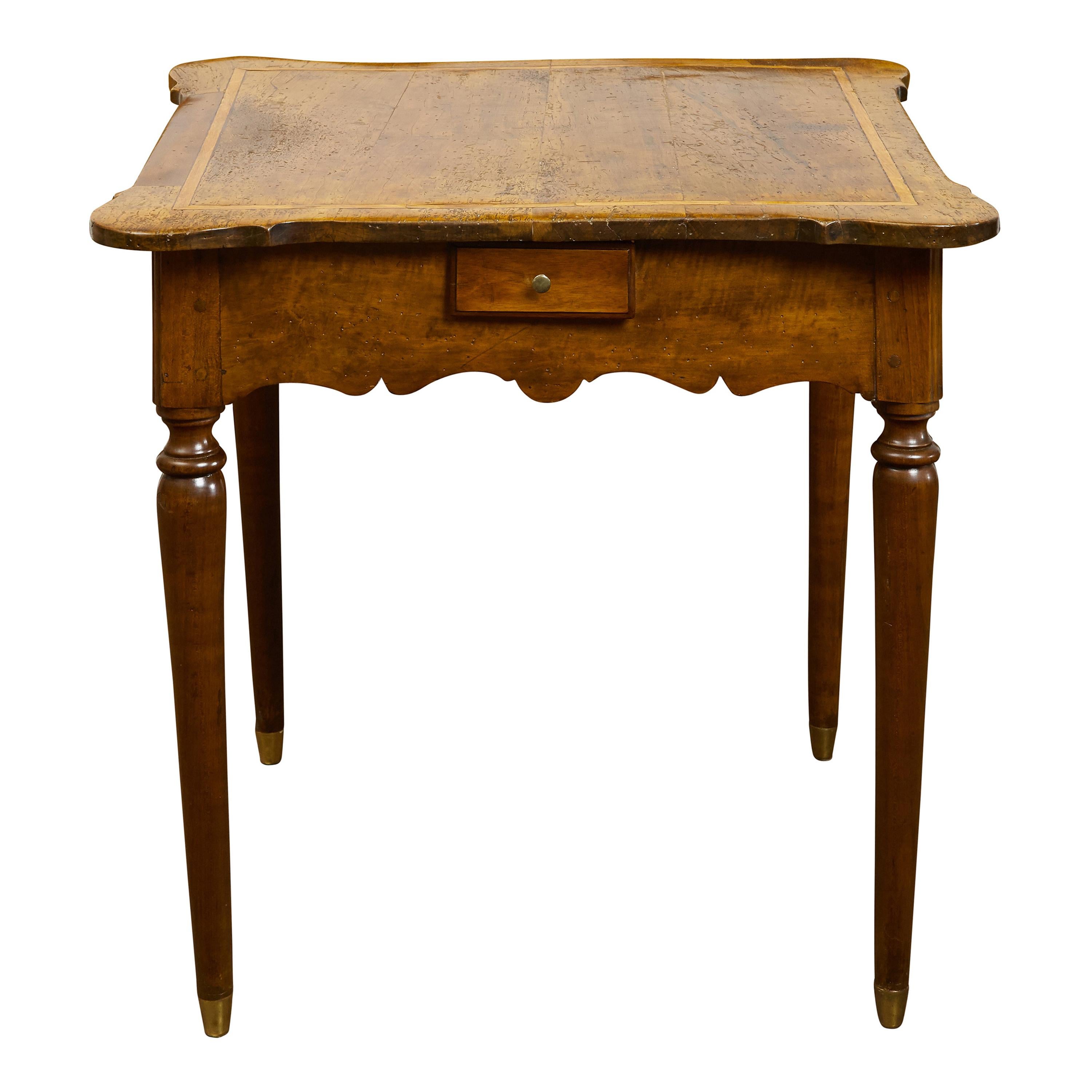 French 1800s Walnut Table with Banding, Four Petite Drawers and Carved Apron For Sale