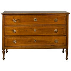 Antique French 1800s Walnut Three-Drawer Commode with Banding and Cylindrical Legs