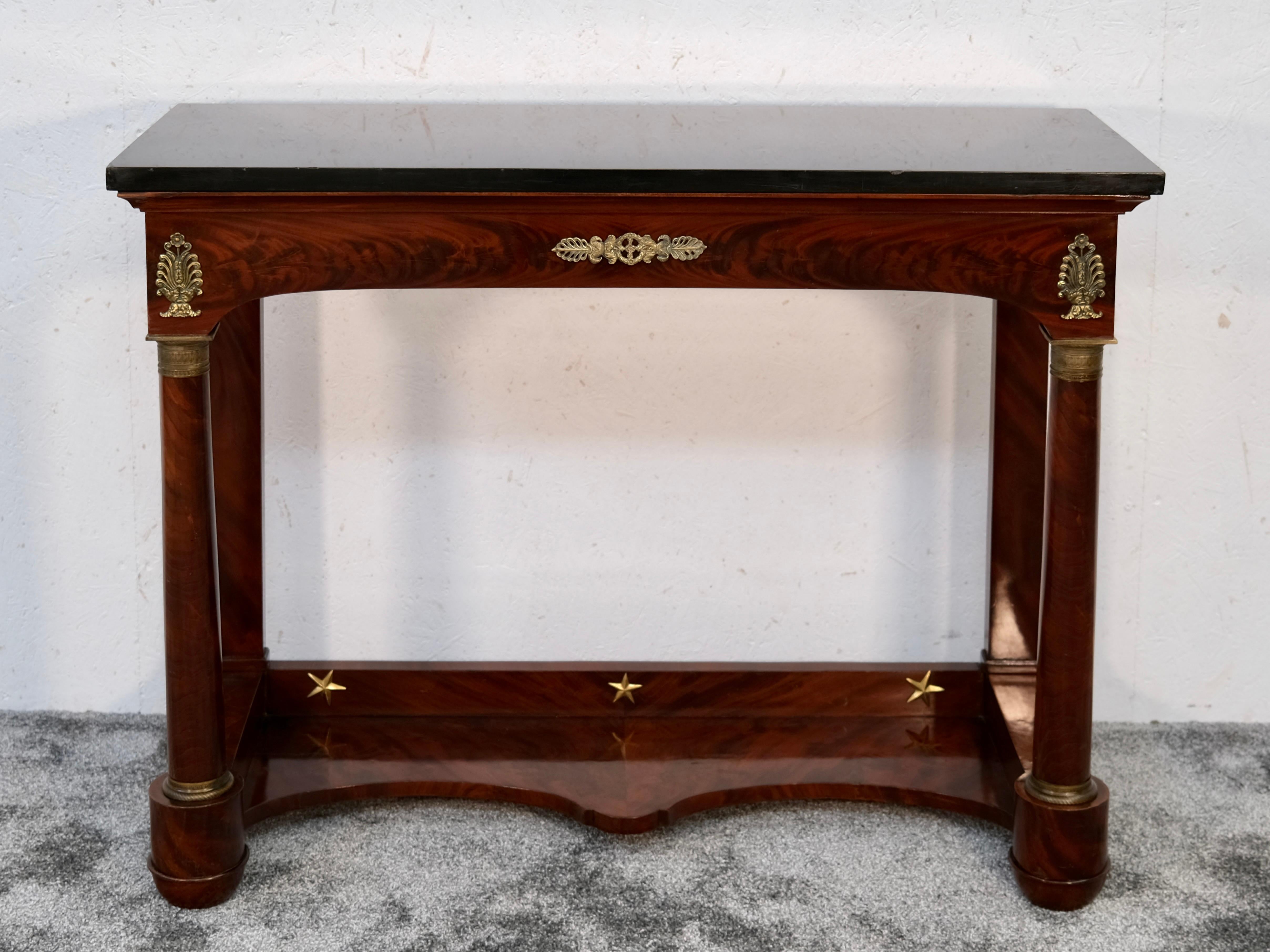 Polished French 1810s Empire Console Table in Mahogany with Marble Top For Sale