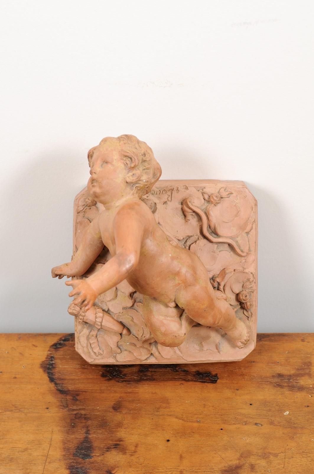 French 1810s Empire High Relief Terracotta Cupid Model with Bow and Quiver 10