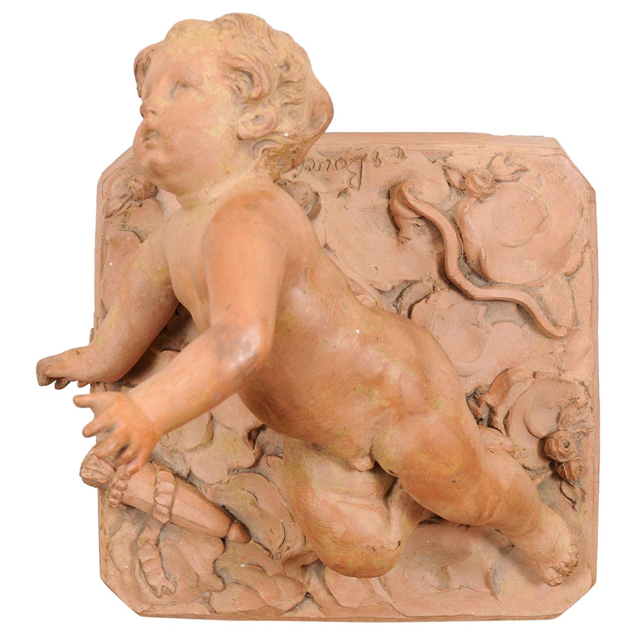 French 1810s Empire High Relief Terracotta Cupid Model with Bow and Quiver