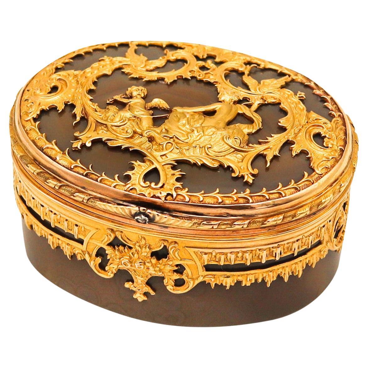 Französisch 1819-1838 Barock Louis XV Schnupftabakdose geschnitzt Achat und ziseliert 18Kt Gold im Angebot