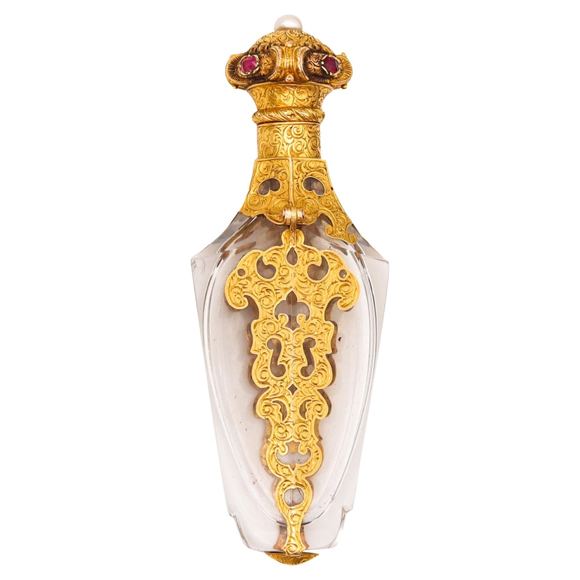 Bouteille à parfum en quartz rocheux baroque de 1820, monture en or 18k avec pierres précieuses
