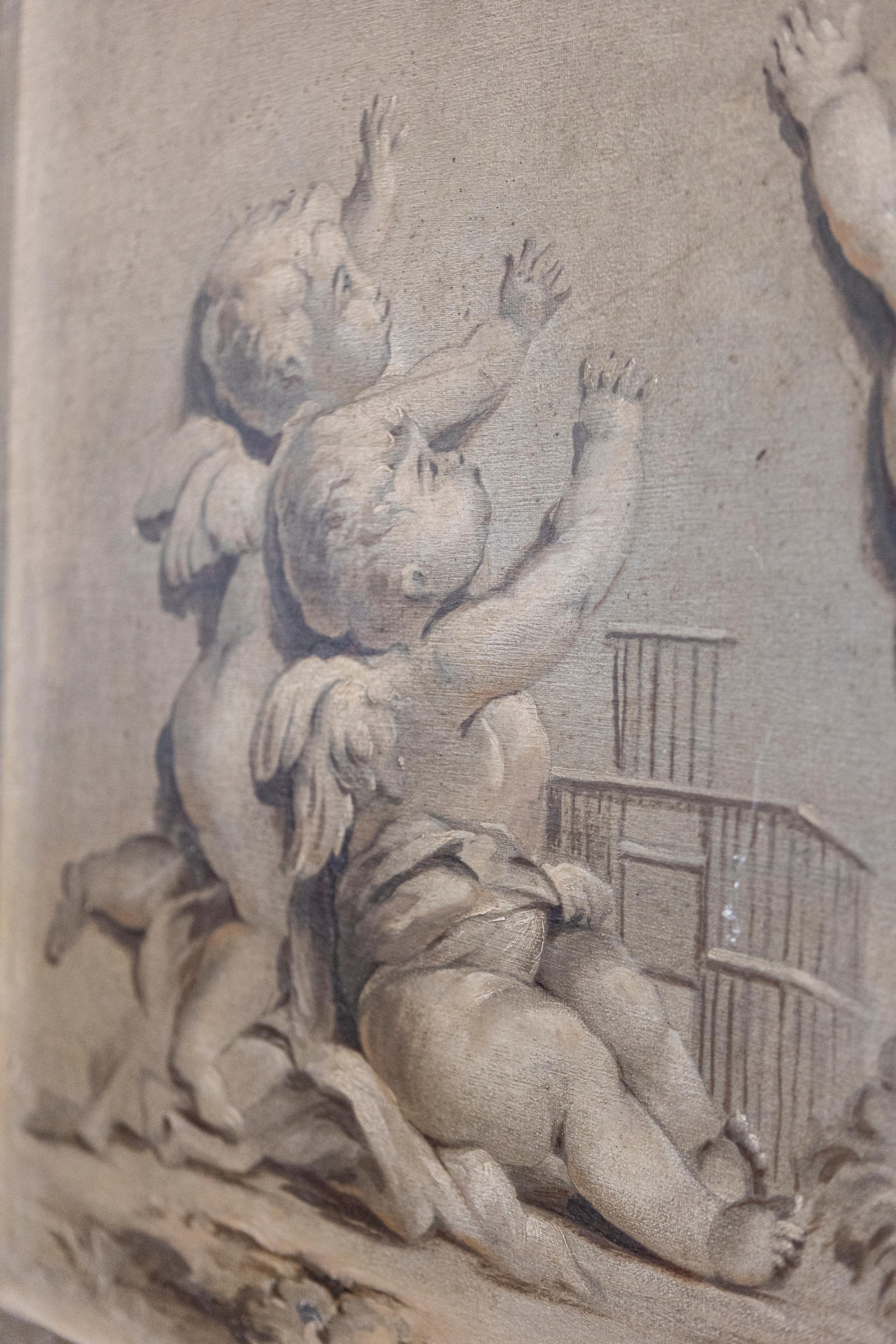 19th Century French 1820s Horizontal Grisaille Painting Depicting Cherubs Chasing a Bird For Sale