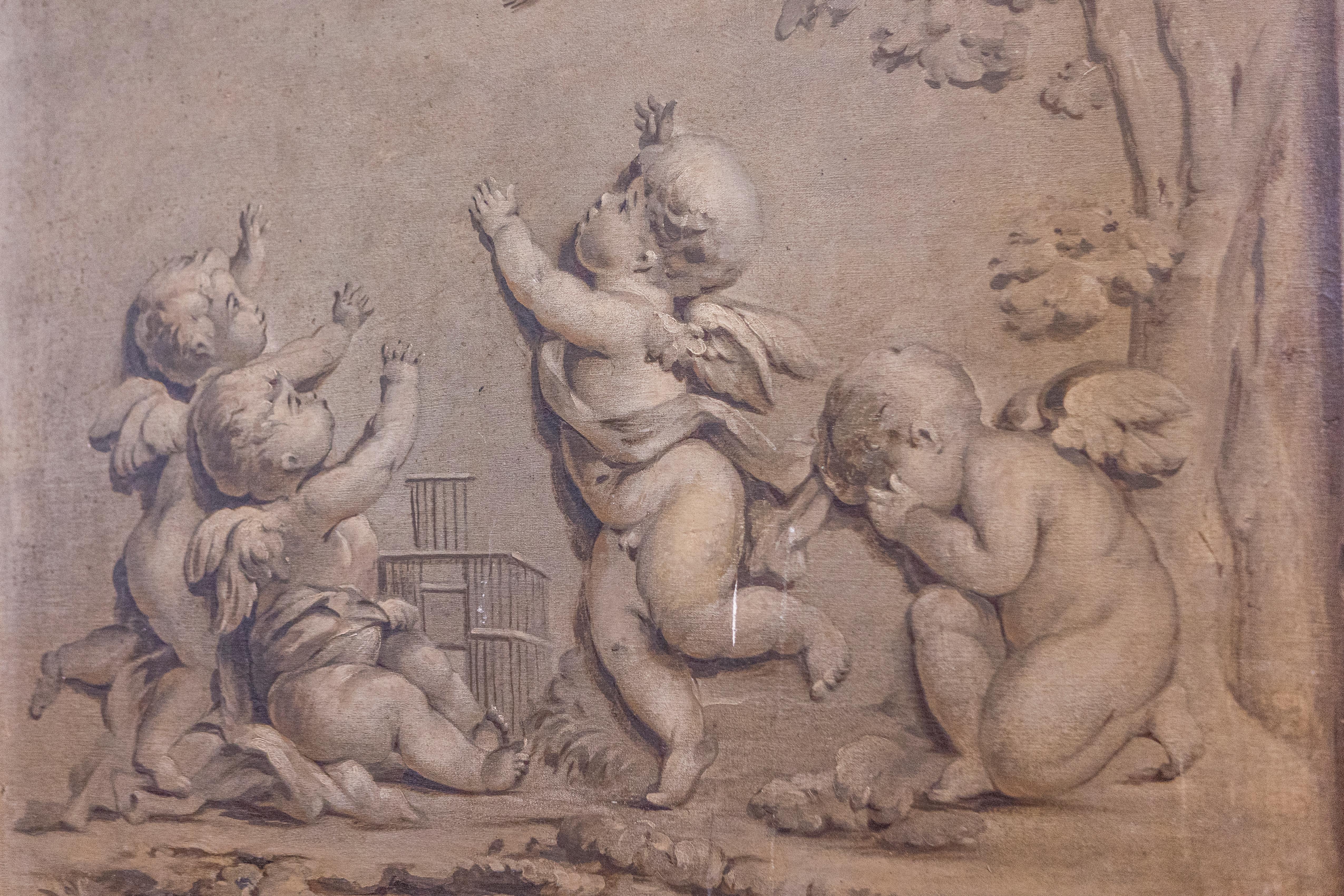 Wood French 1820s Horizontal Grisaille Painting Depicting Cherubs Chasing a Bird For Sale