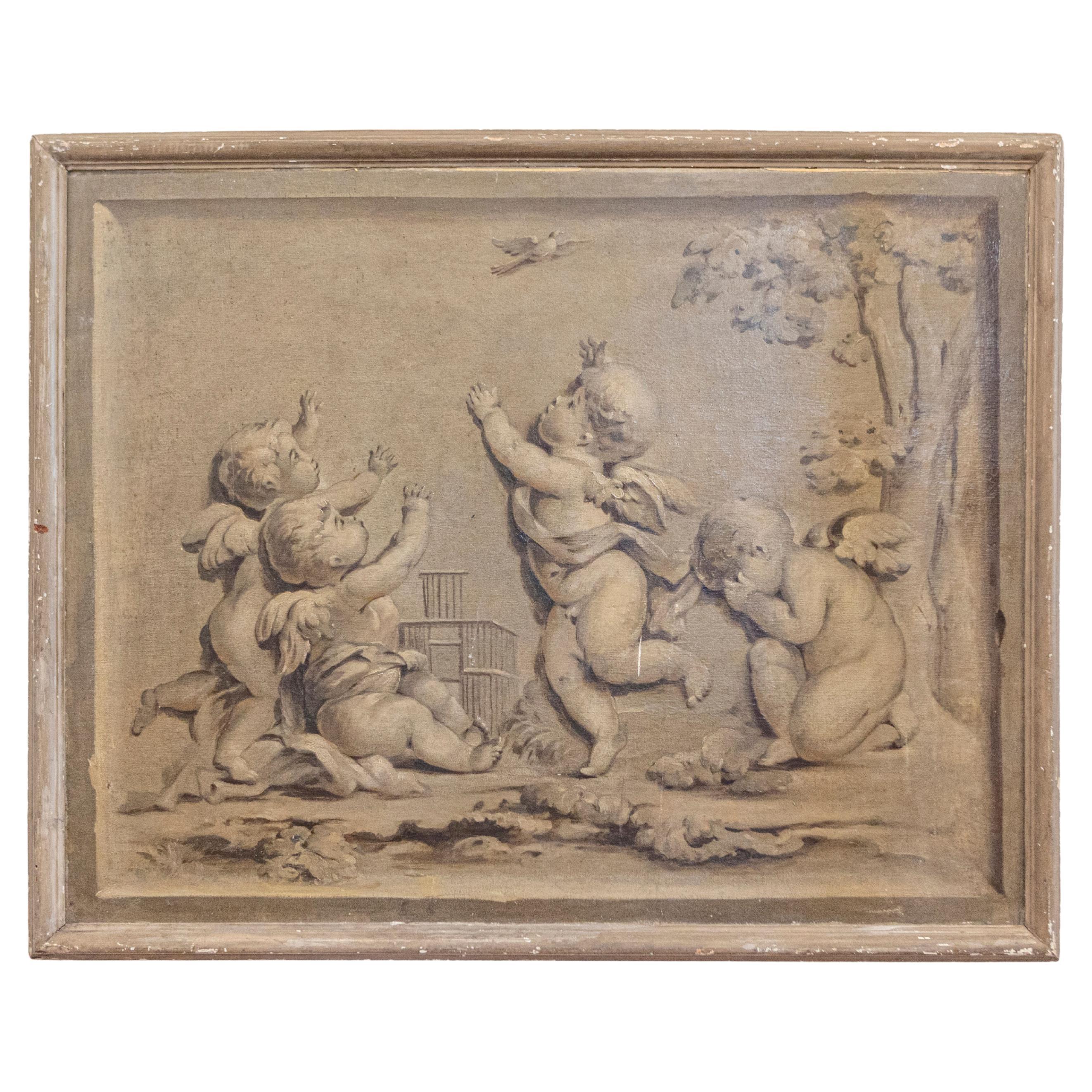 Quadro a grisaglia orizzontale francese del 1820 raffigurante dei cherubini che inseguono un uccello