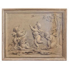 French 1820s Horizontal Grisaille Painting Depicting Cherubs Chasing a Bird
