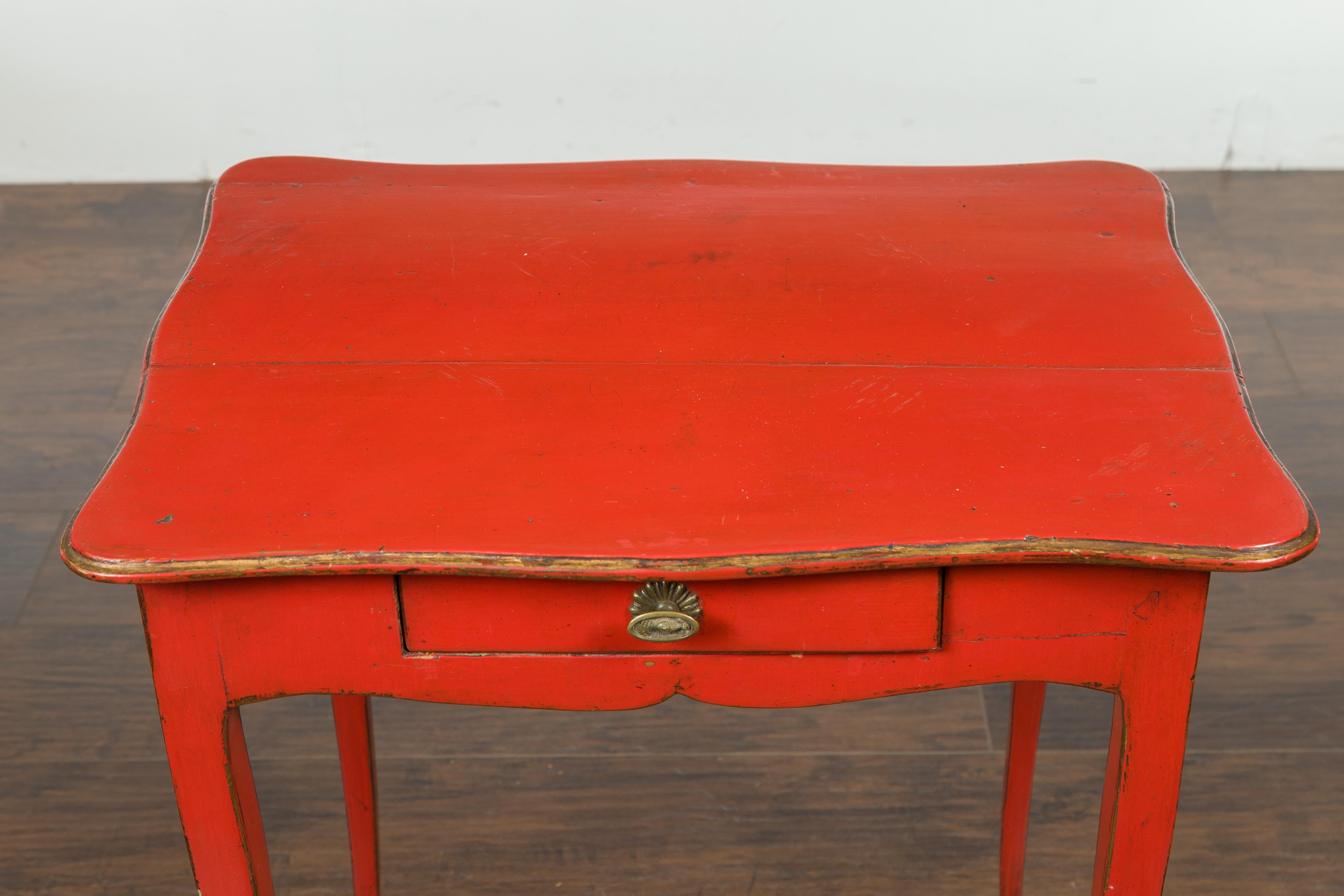 19th Century French 1820s Restauration Period Red Side Table with Serpentine Top and Drawer For Sale