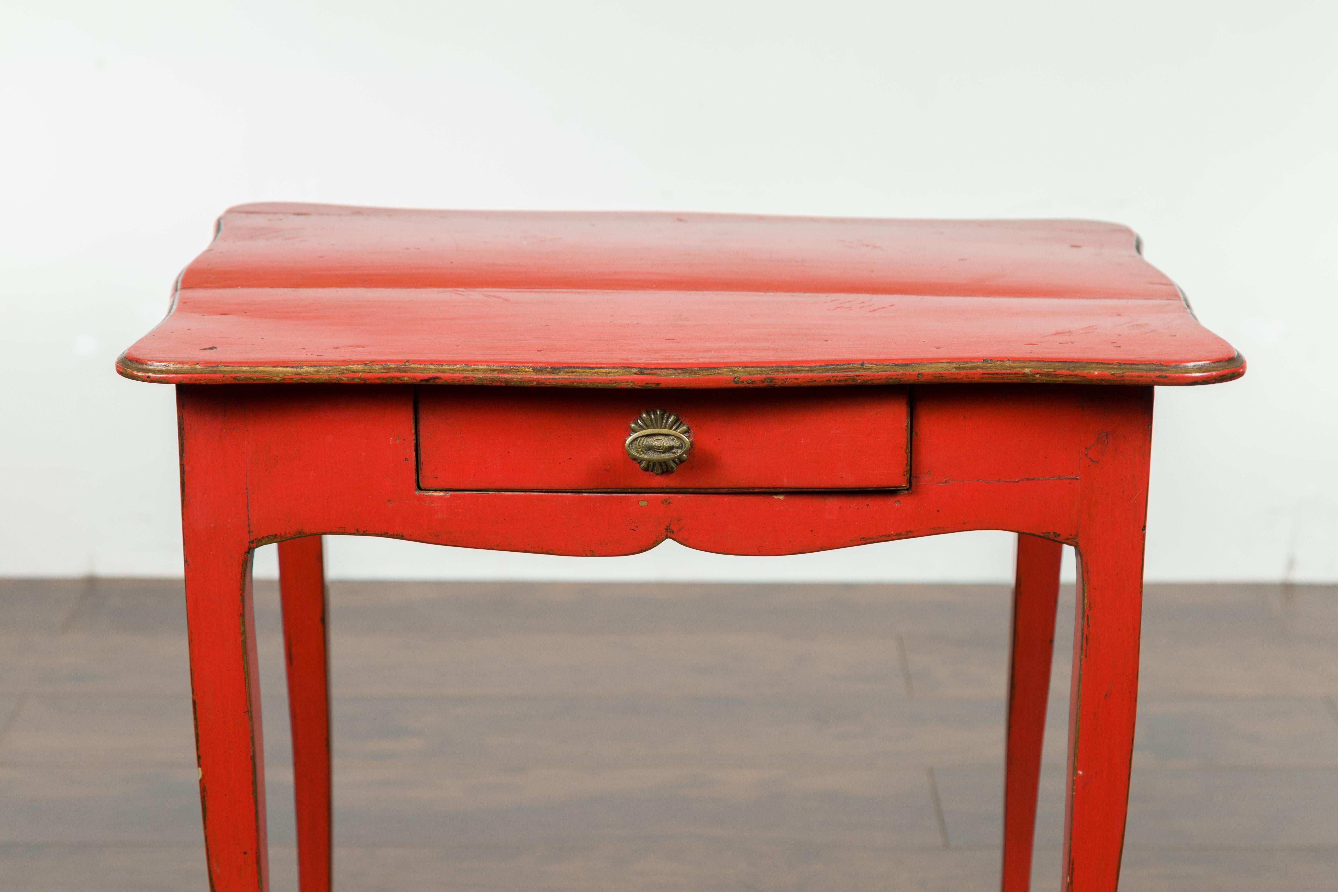 Wood French 1820s Restauration Period Red Side Table with Serpentine Top and Drawer For Sale