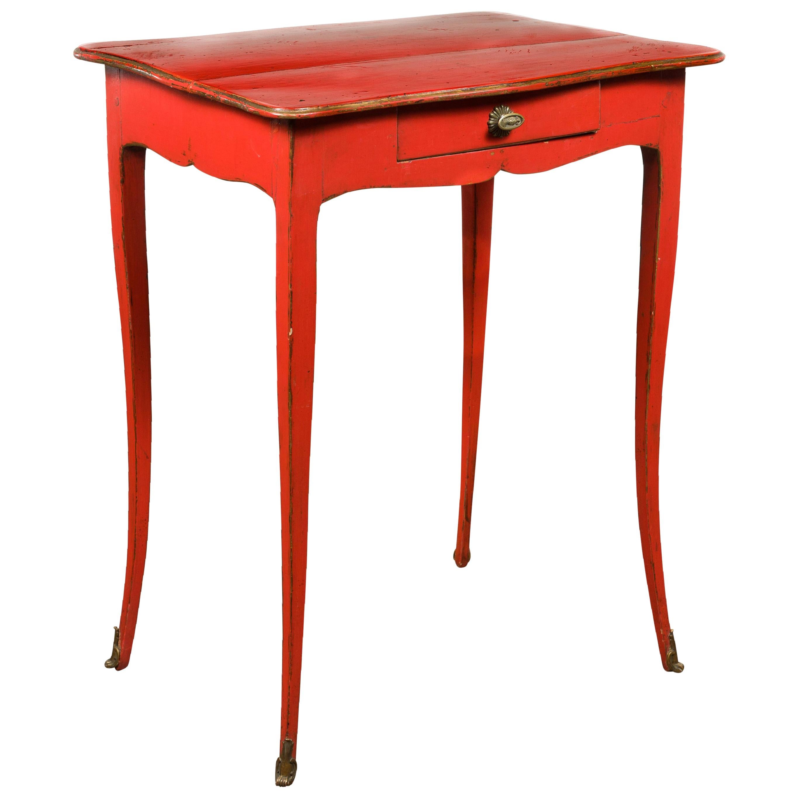French 1820s Restauration Period Red Side Table with Serpentine Top and Drawer For Sale