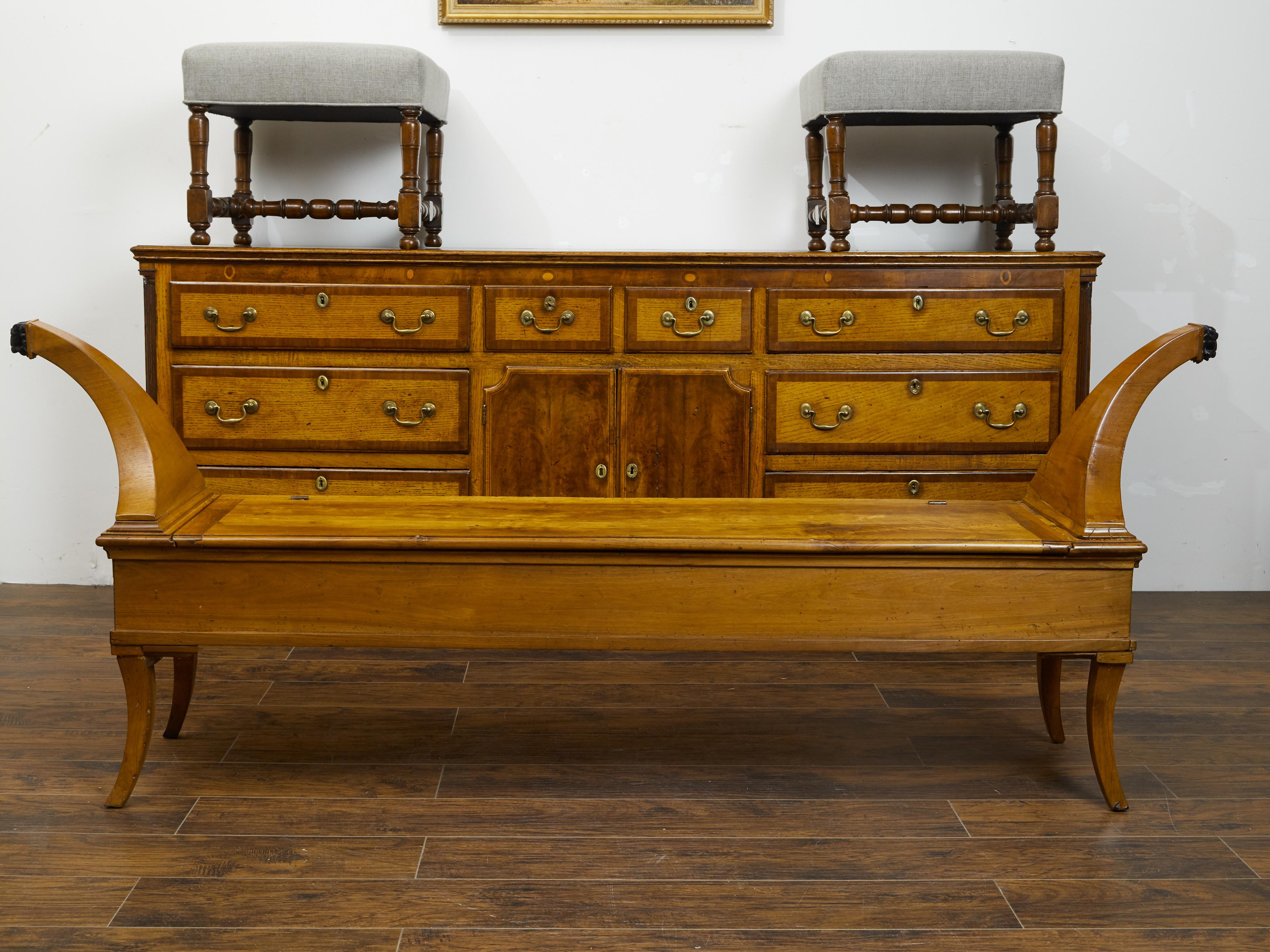 French 1820s Restauration Walnut Bench with Lift-Top Seat and Curving Arms For Sale 5