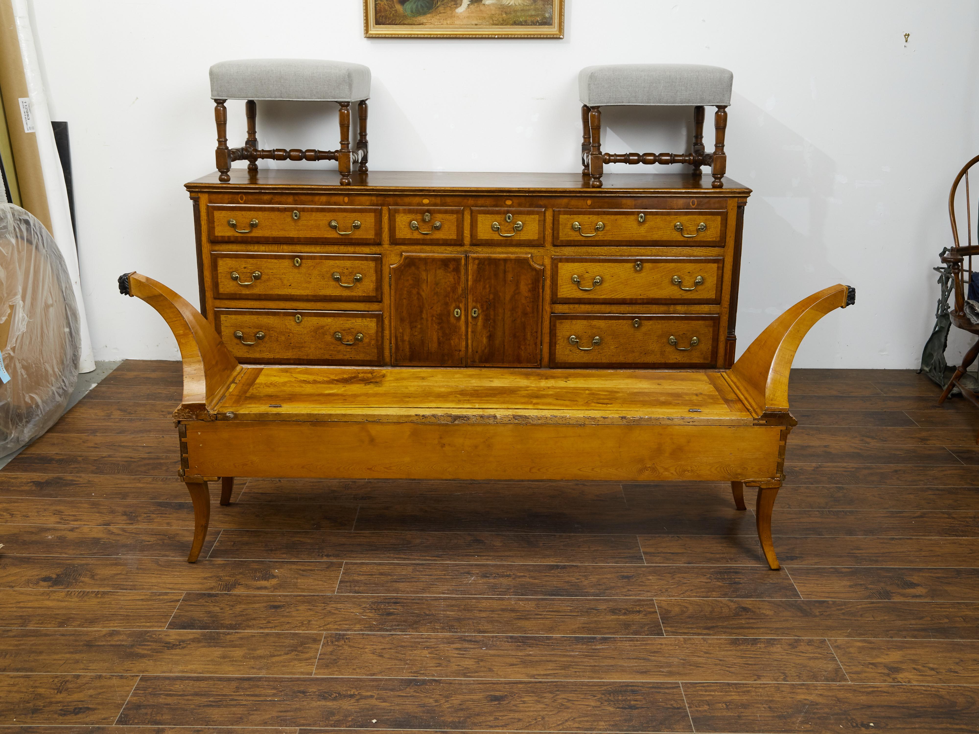 French 1820s Restauration Walnut Bench with Lift-Top Seat and Curving Arms For Sale 6