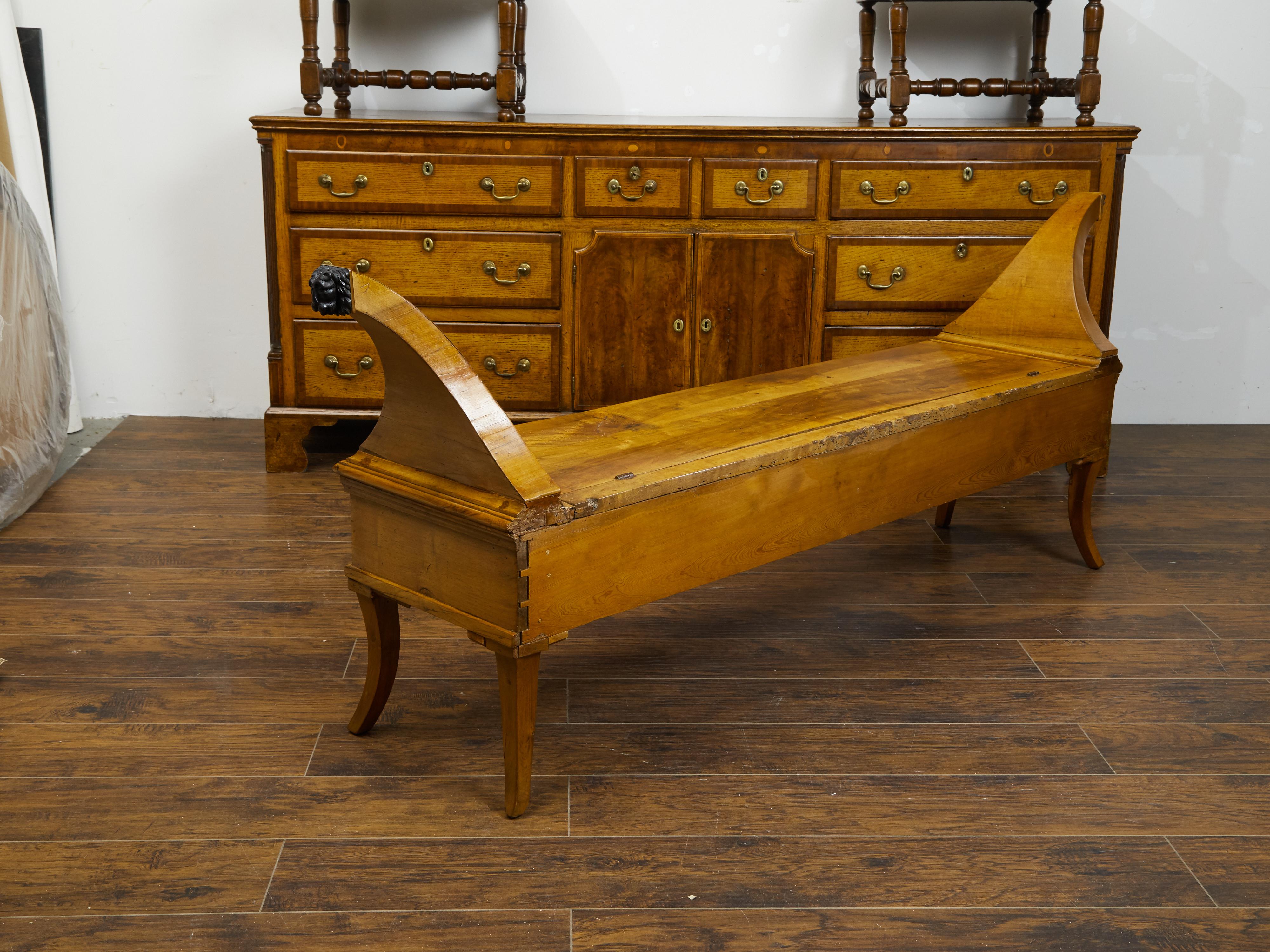 French 1820s Restauration Walnut Bench with Lift-Top Seat and Curving Arms For Sale 8