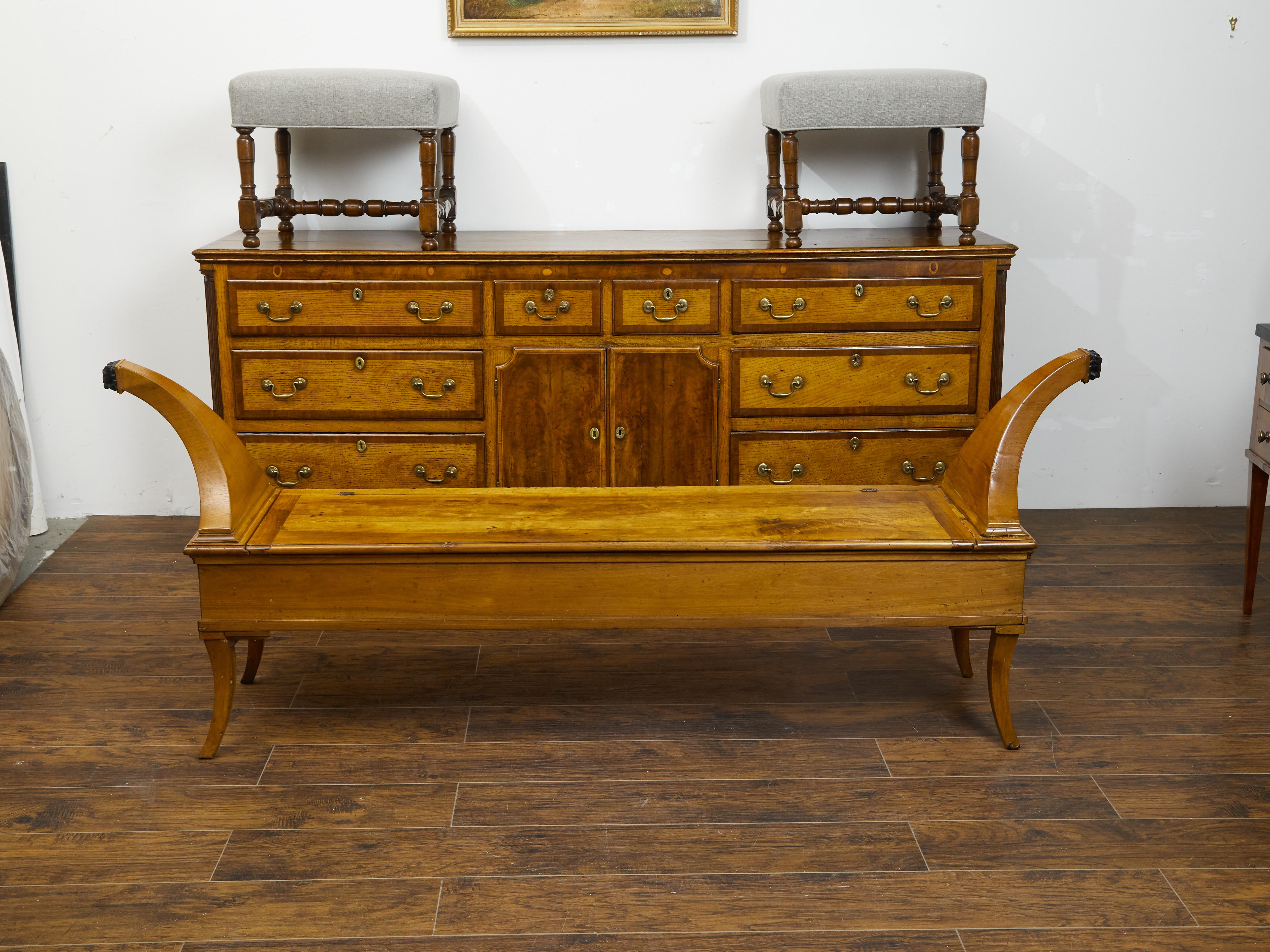 19th Century French 1820s Restauration Walnut Bench with Lift-Top Seat and Curving Arms For Sale