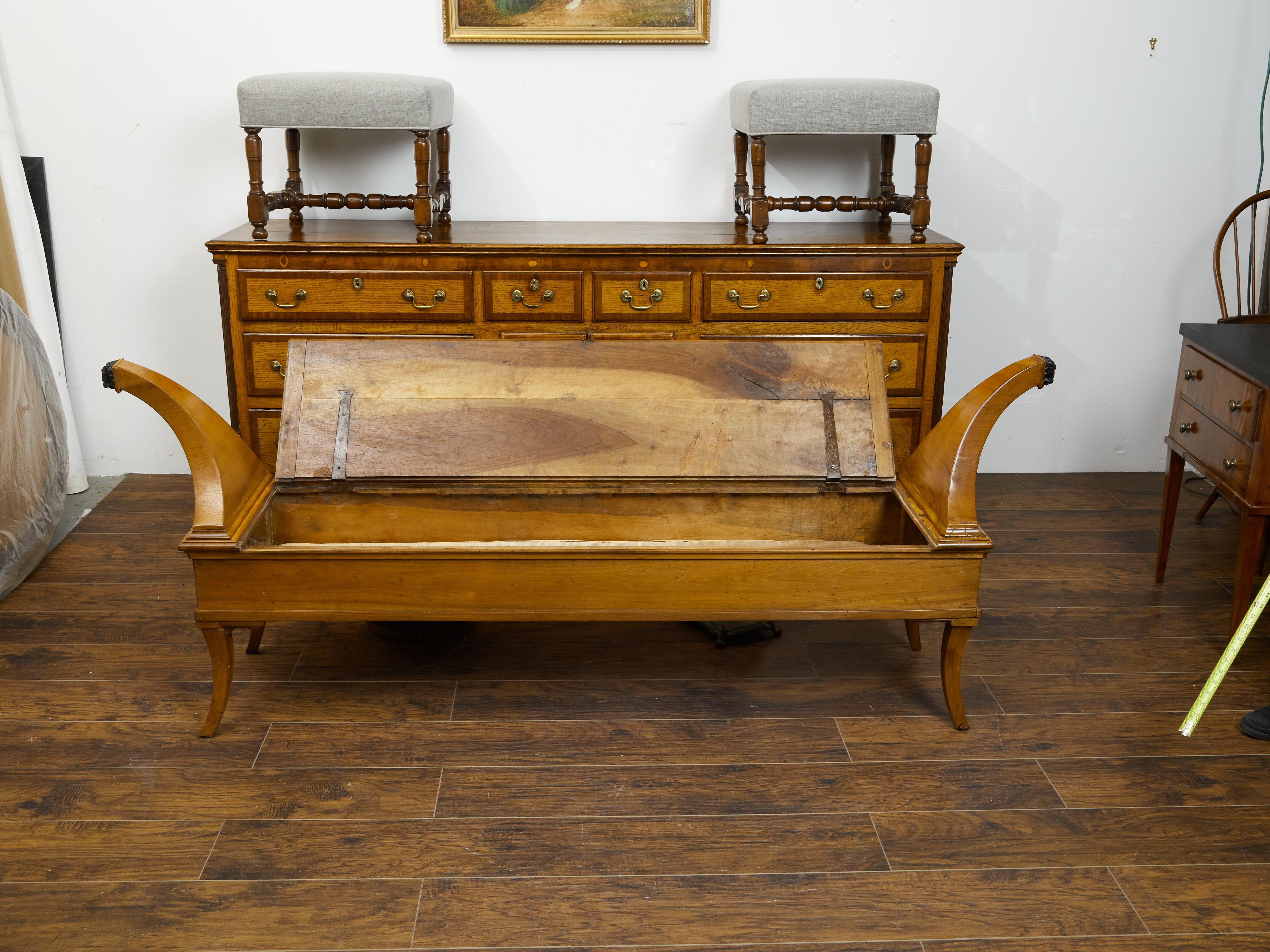 French 1820s Restauration Walnut Bench with Lift-Top Seat and Curving Arms For Sale 4