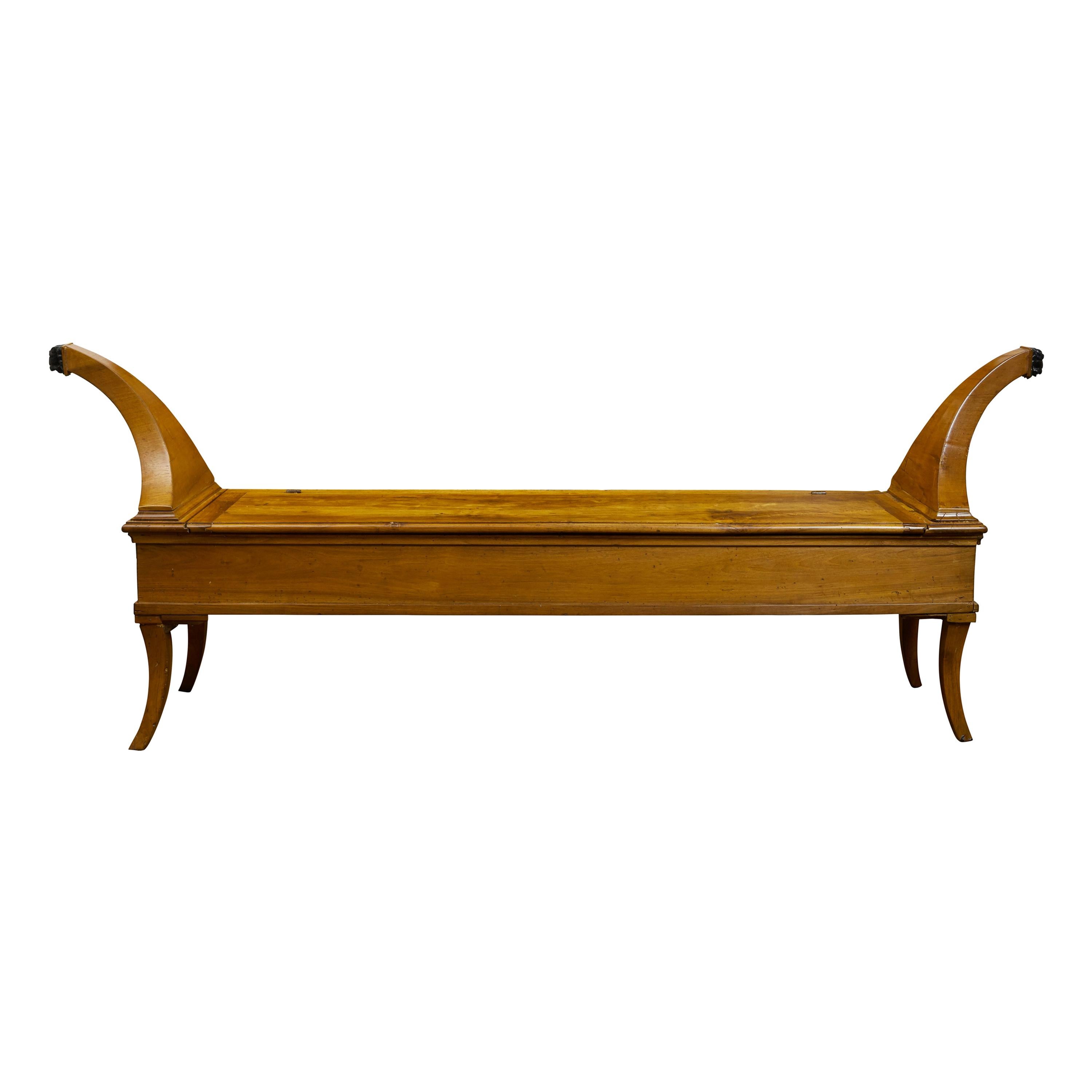 French 1820s Restauration Walnut Bench with Lift-Top Seat and Curving Arms For Sale