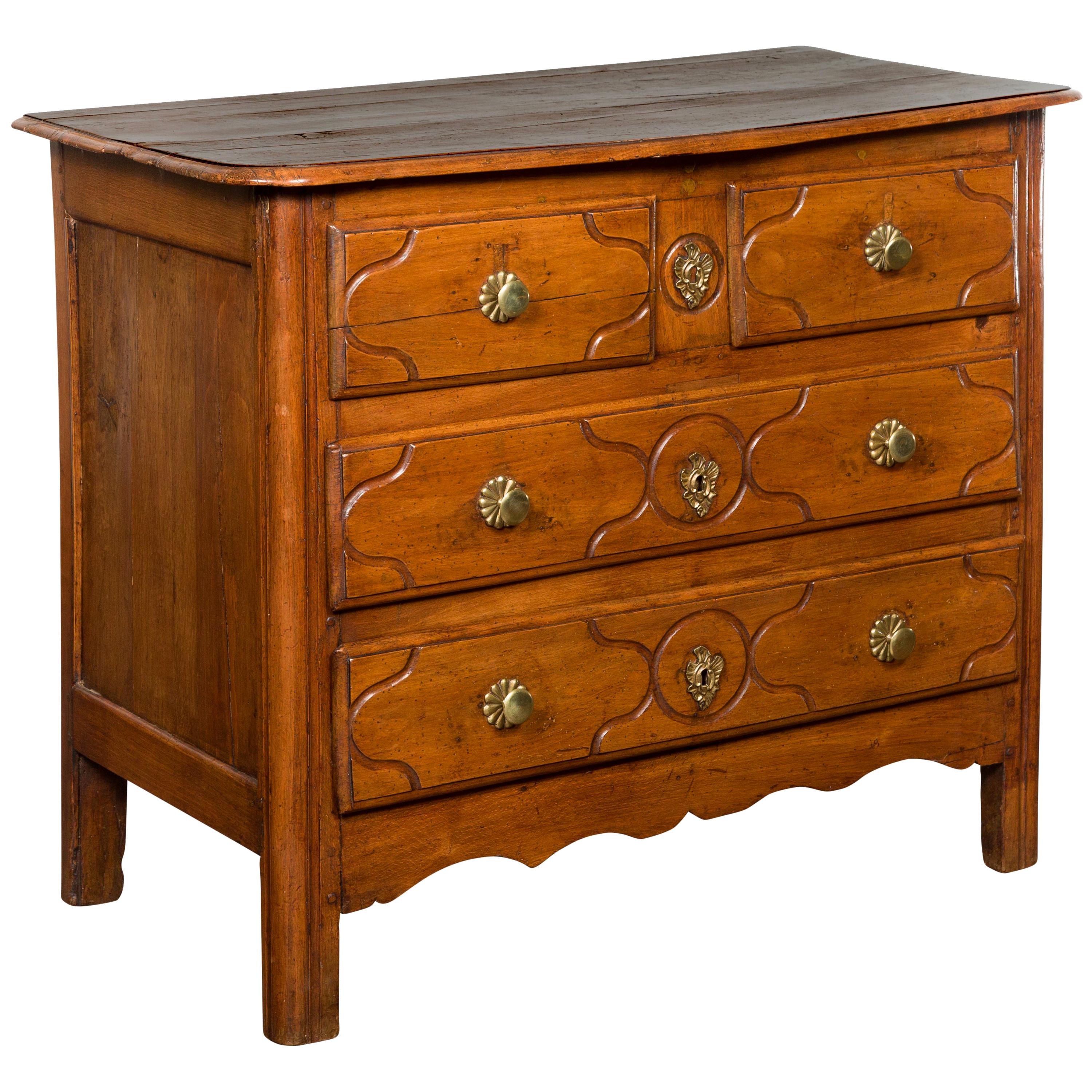 French 1820s Walnut Four-Drawer Chest with Carved Geometric Motifs