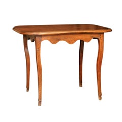 French 1820s Walnut Side Table with Scalloped Apron, Curved Legs and Hoof Feet