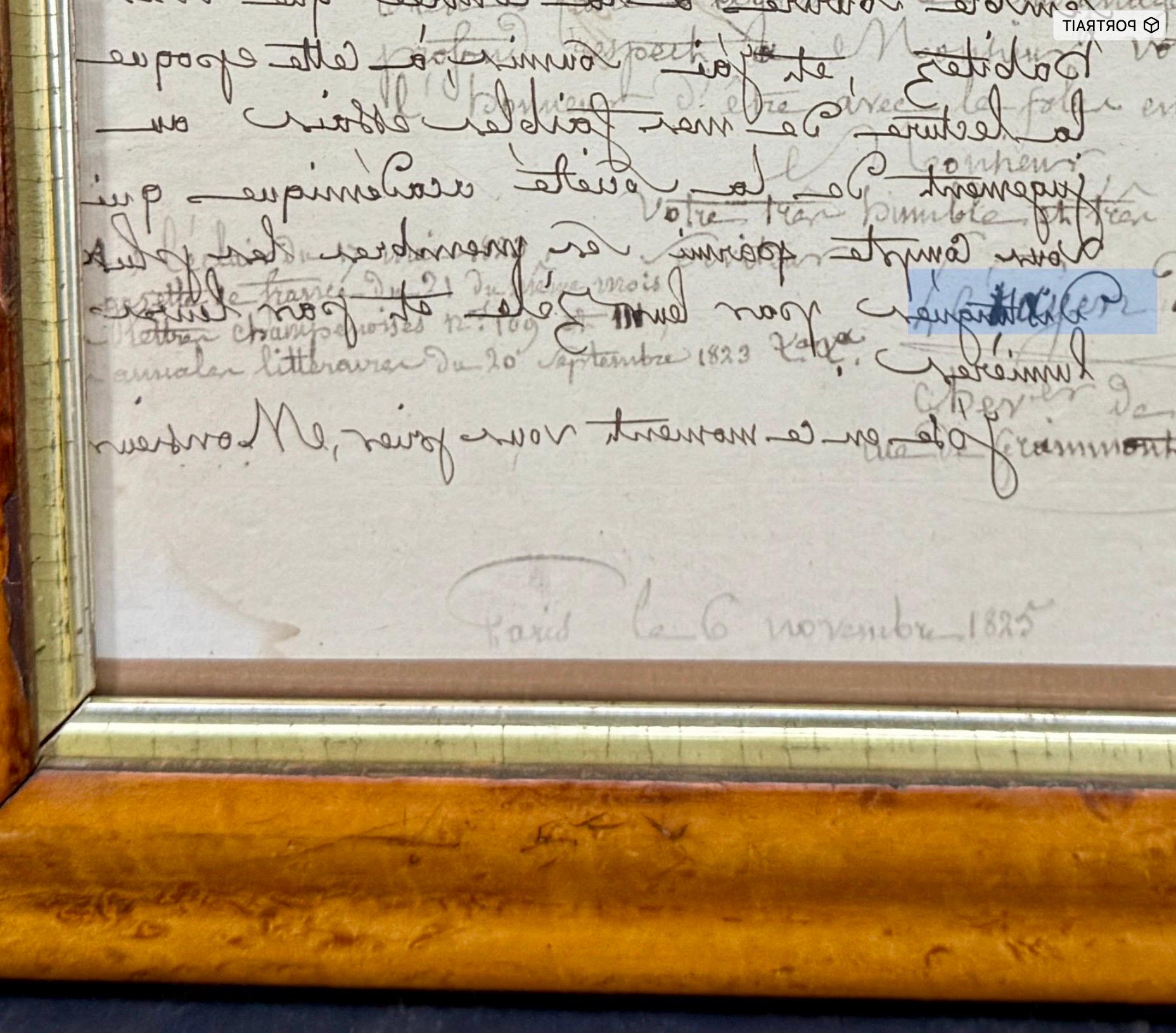 French 1825 Hand Written Letter Artwork in Burl Wood Frame For Sale 9