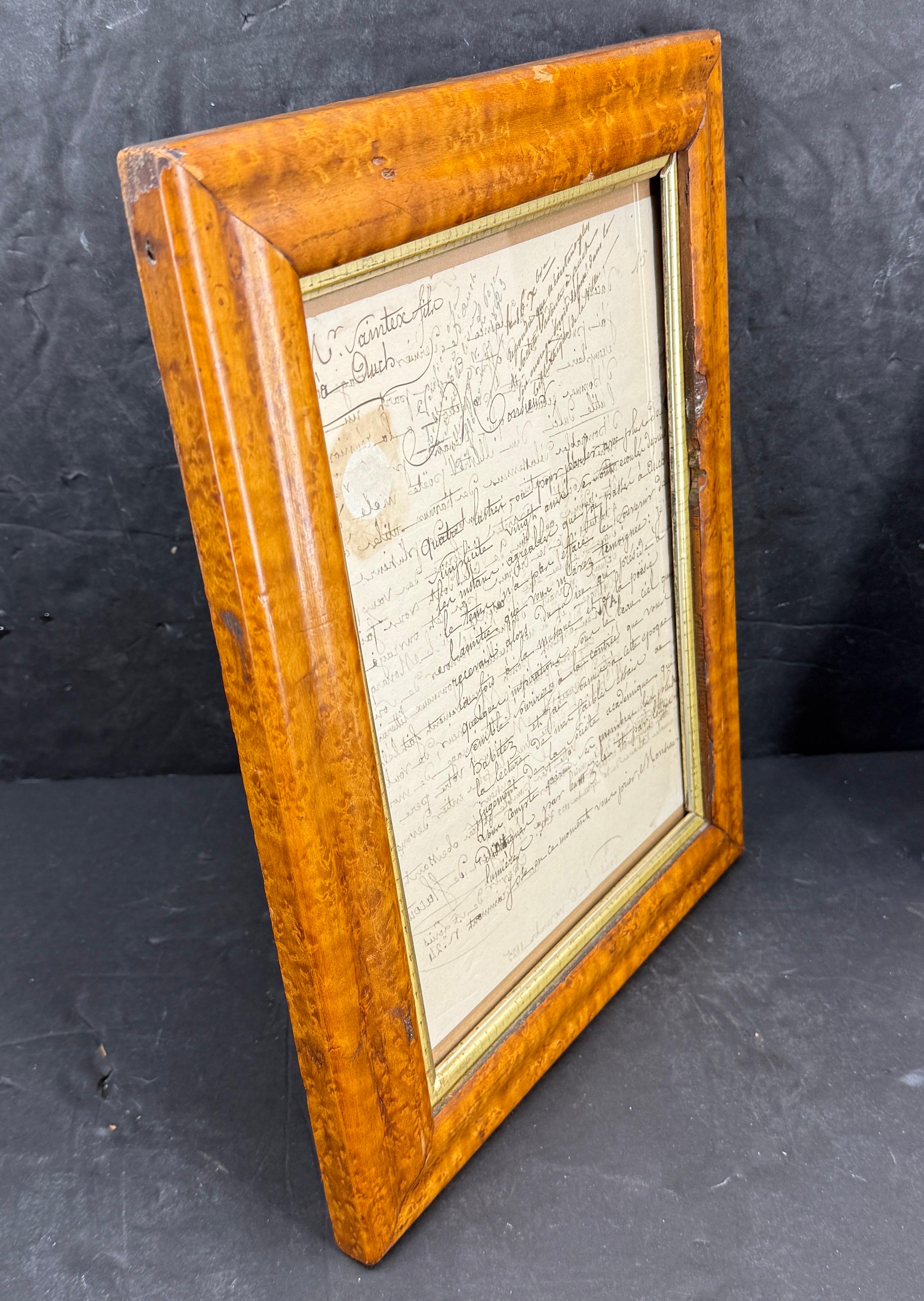 Empire French 1825 Hand Written Letter Artwork in Burl Wood Frame For Sale
