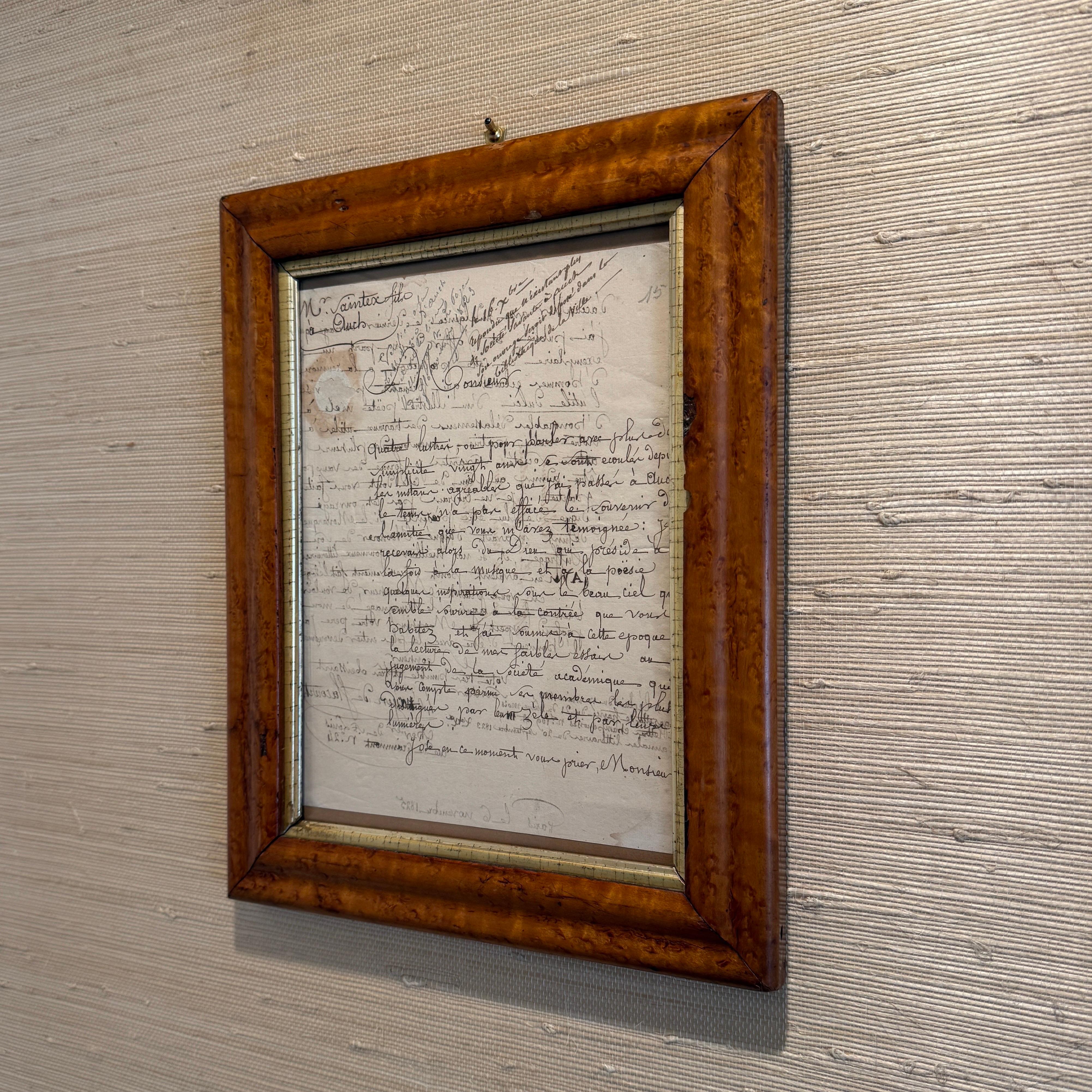 Gilt French 1825 Hand Written Letter Artwork in Burl Wood Frame For Sale