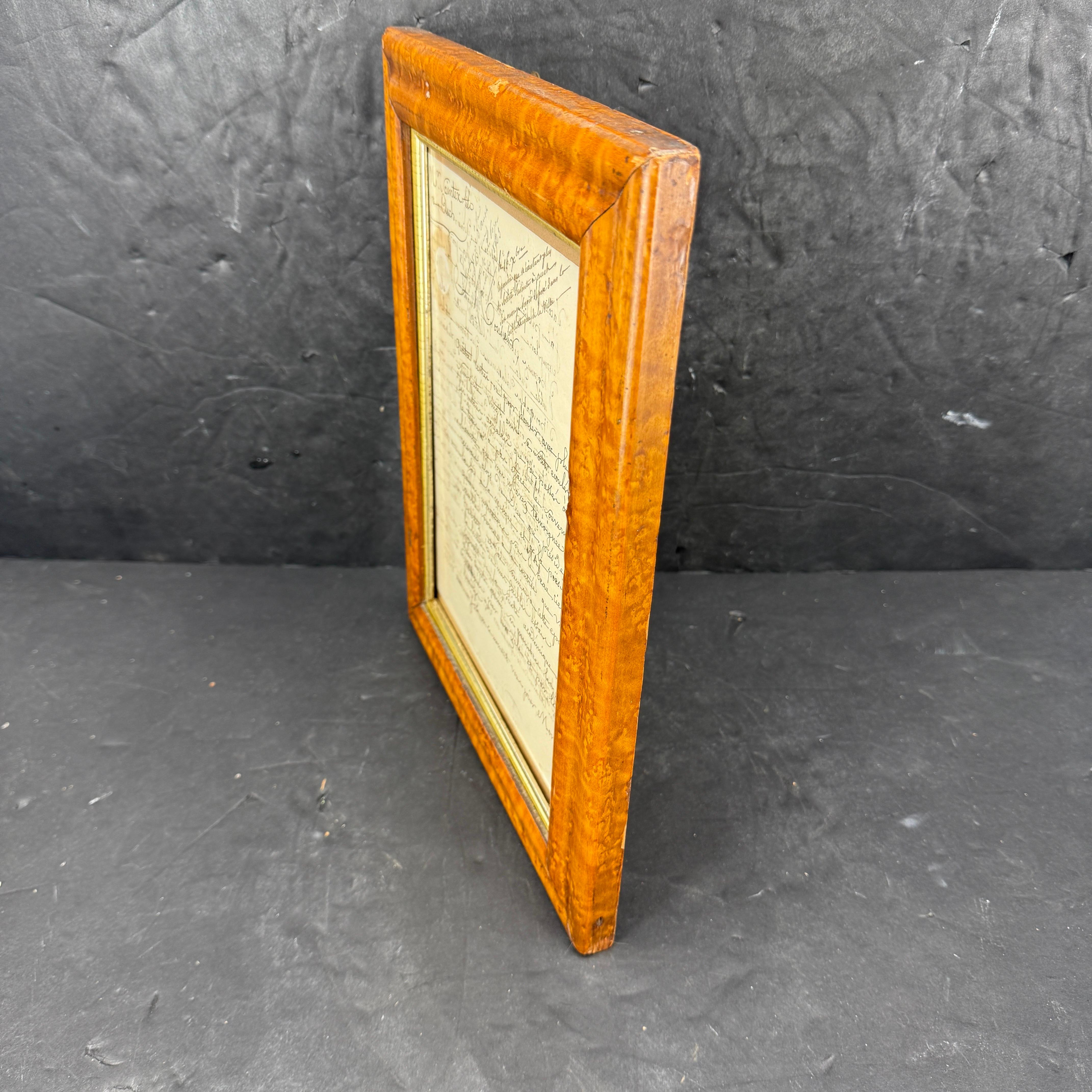 French 1825 Hand Written Letter Artwork in Burl Wood Frame In Good Condition For Sale In Haddonfield, NJ