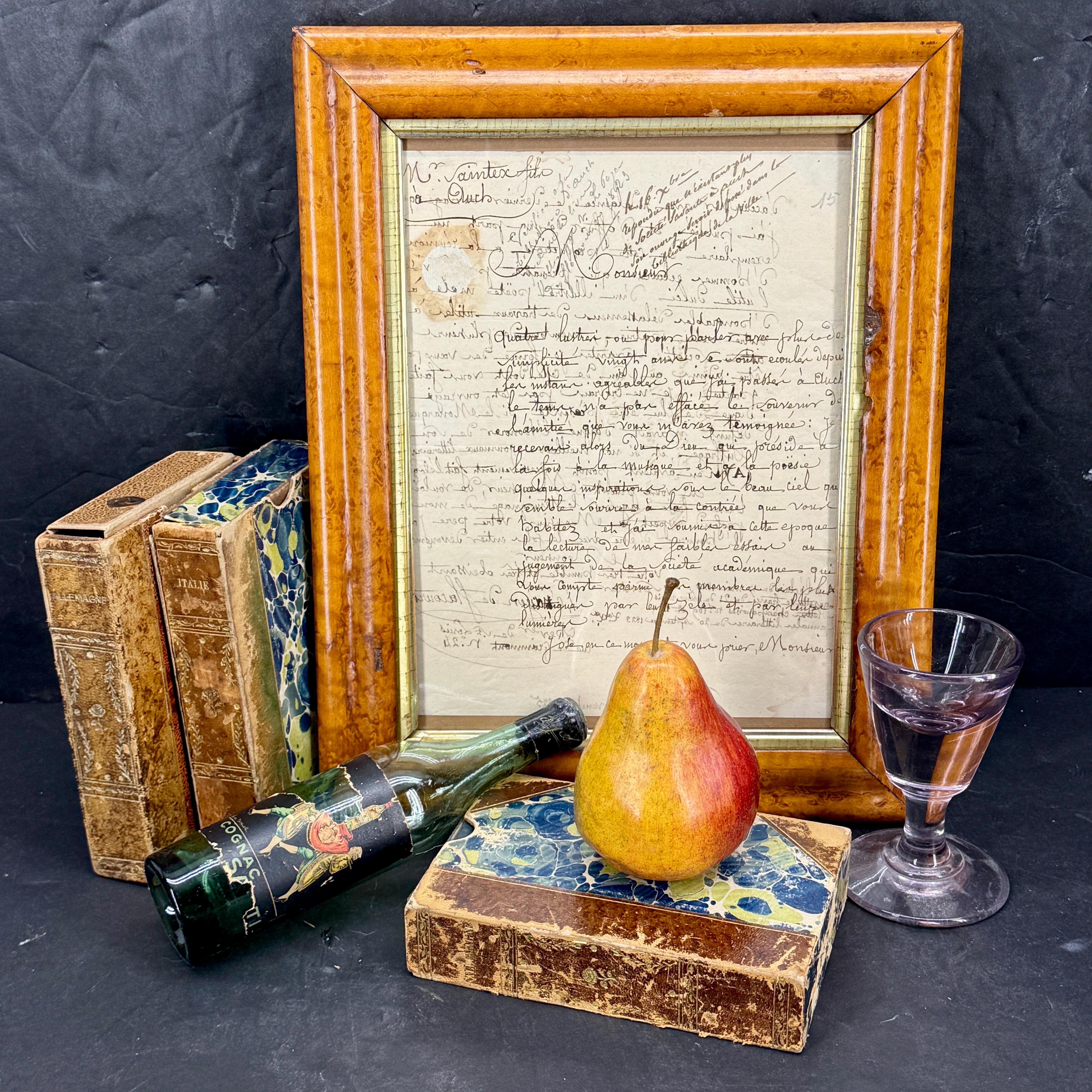 19th Century French 1825 Hand Written Letter Artwork in Burl Wood Frame For Sale
