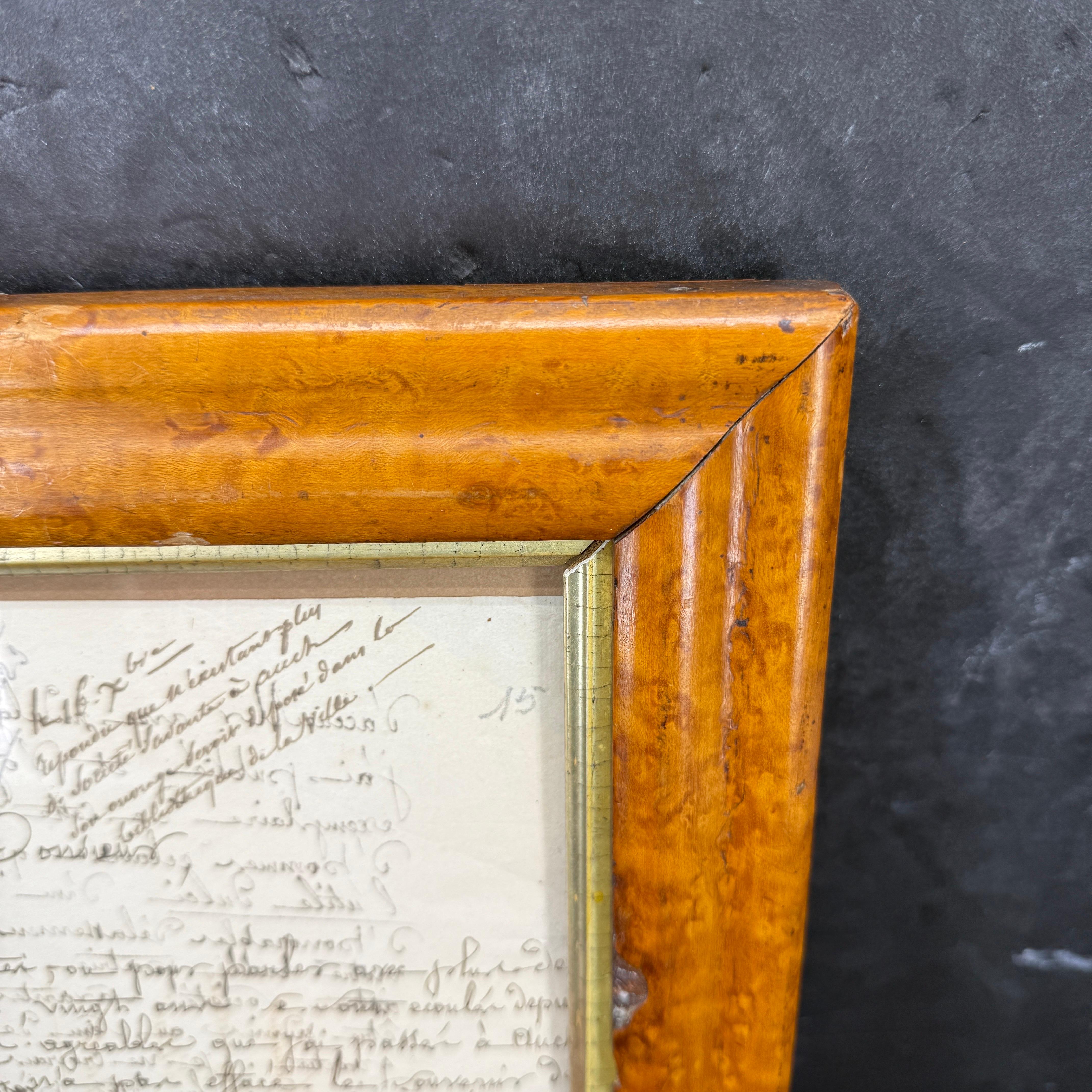 French 1825 Hand Written Letter Artwork in Burl Wood Frame For Sale 1