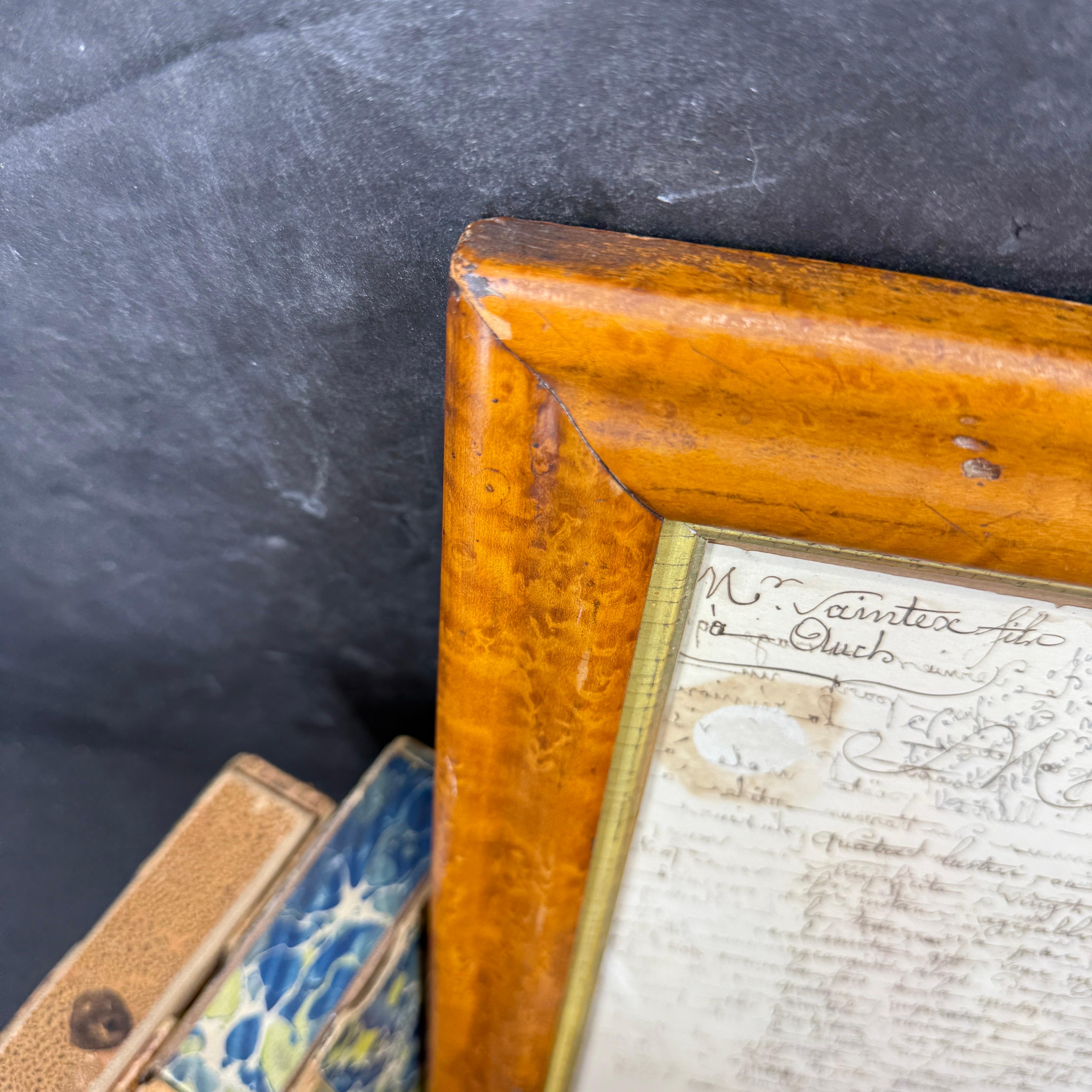 French 1825 Hand Written Letter Artwork in Burl Wood Frame For Sale 2