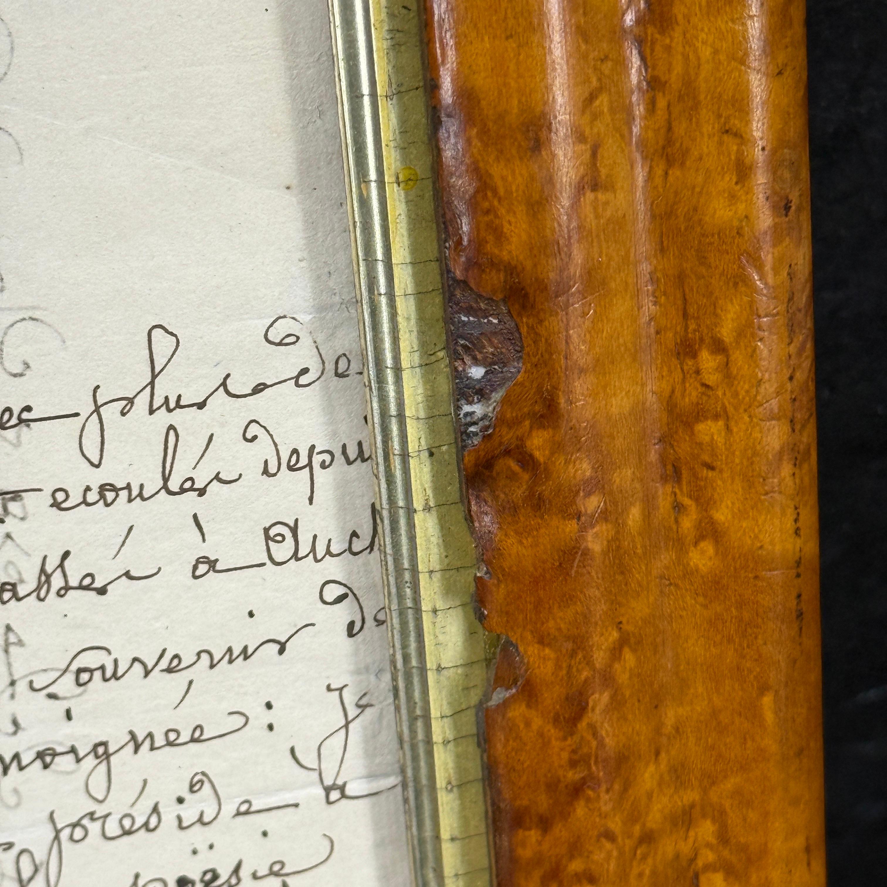 French 1825 Hand Written Letter Artwork in Burl Wood Frame For Sale 3