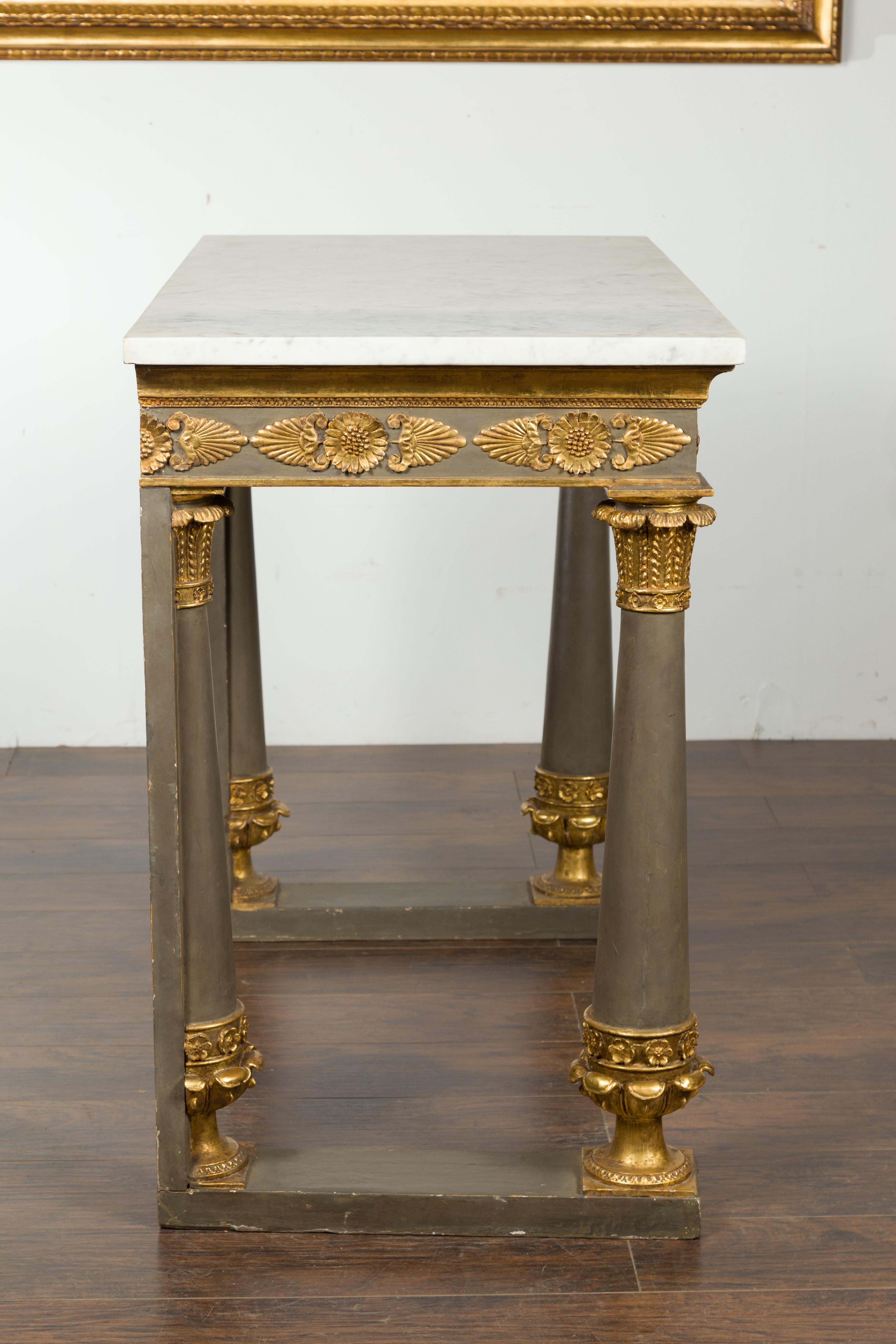 French 1830s Empire Console Table with White Marble Top and Carved Palmettes 7