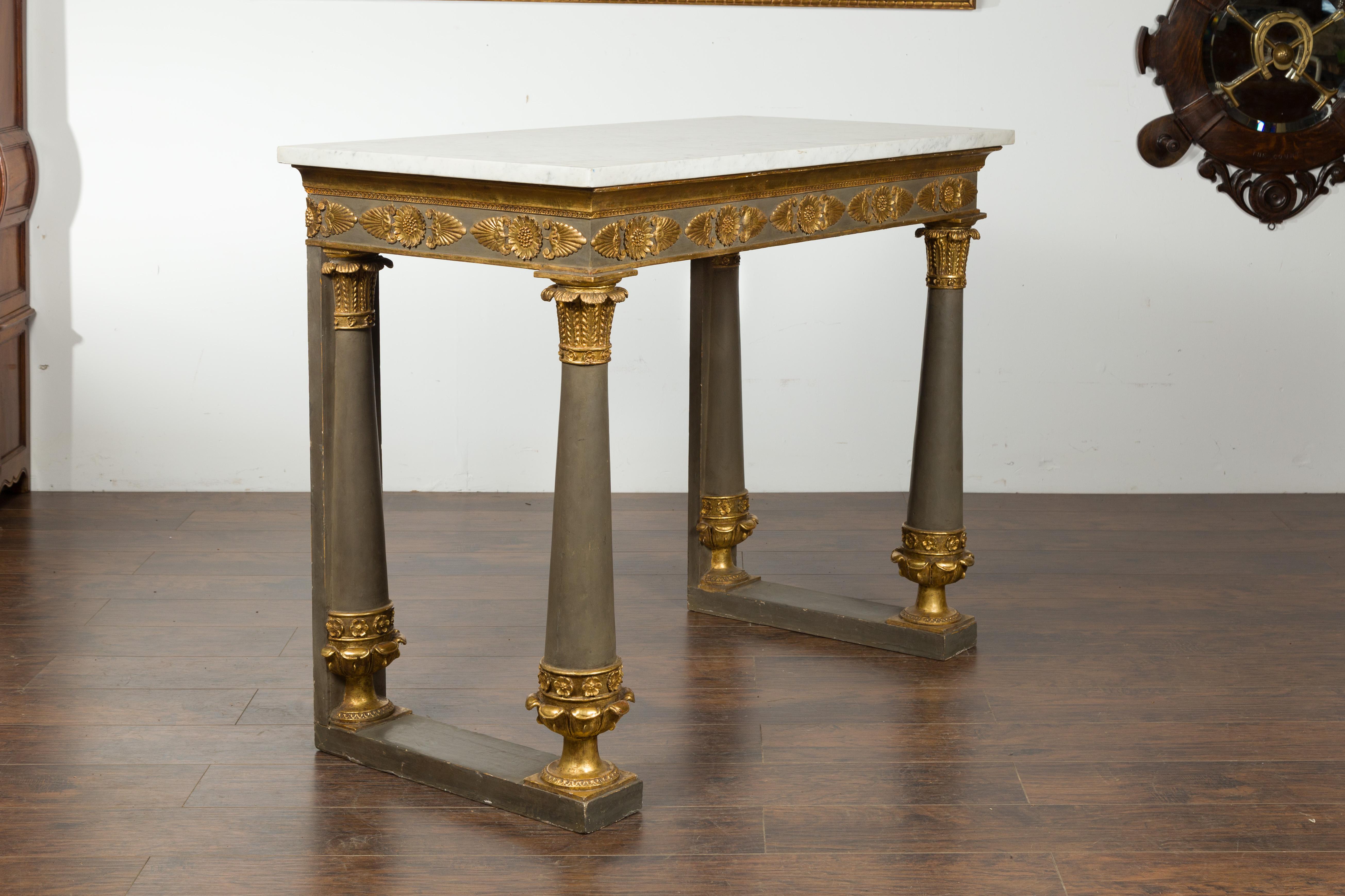 French 1830s Empire Console Table with White Marble Top and Carved Palmettes 8