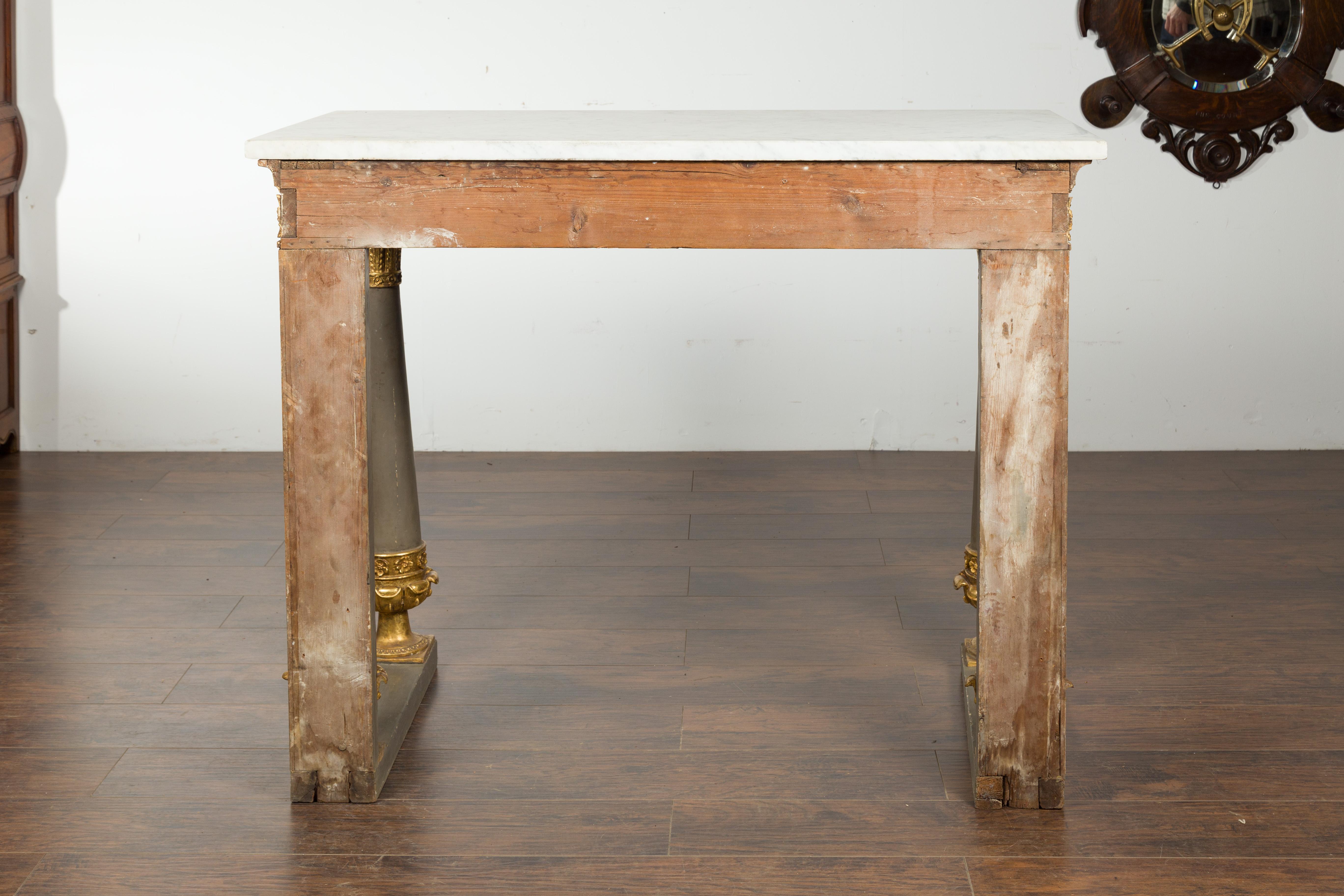 French 1830s Empire Console Table with White Marble Top and Carved Palmettes 9