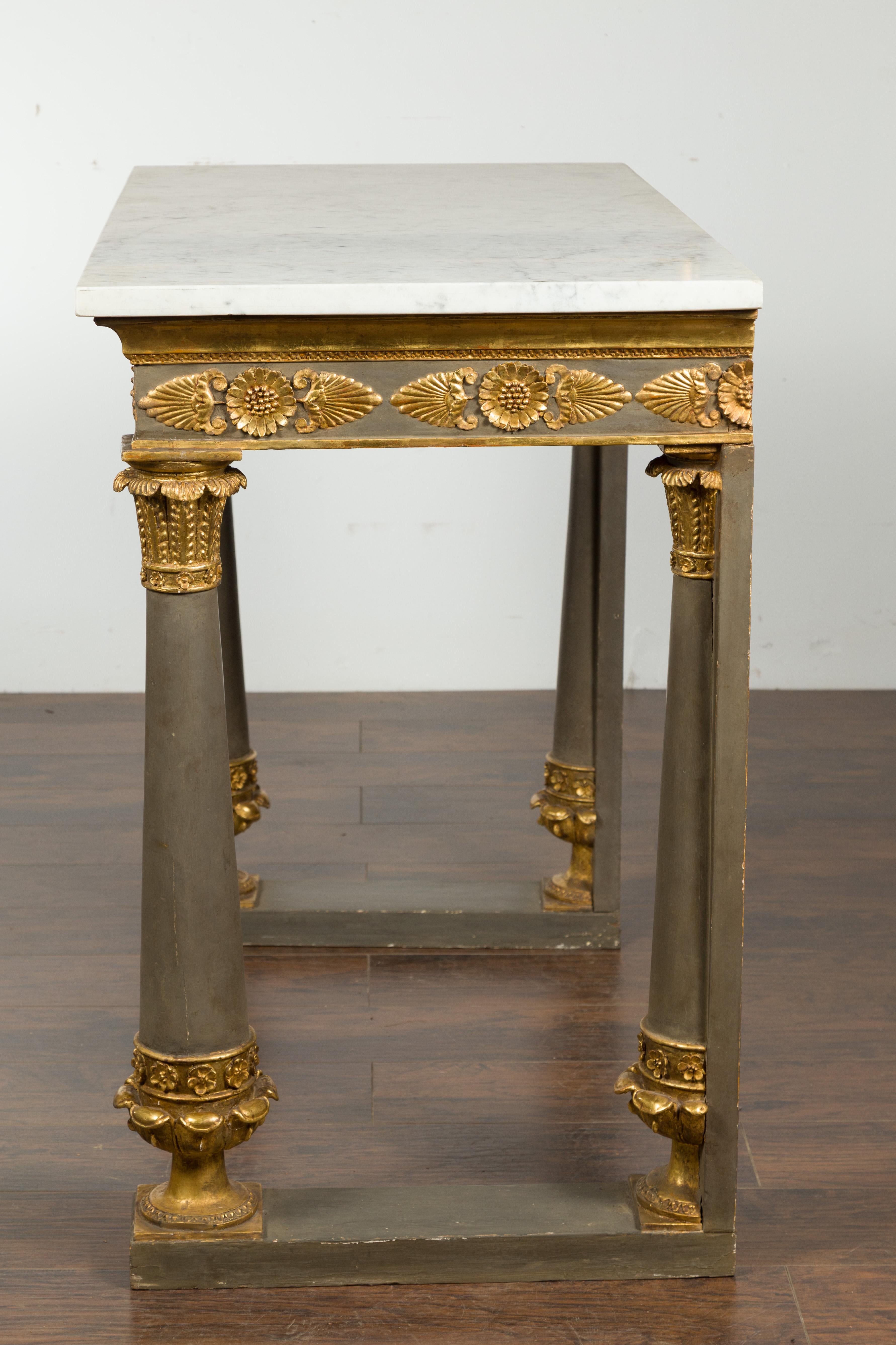 French 1830s Empire Console Table with White Marble Top and Carved Palmettes 10