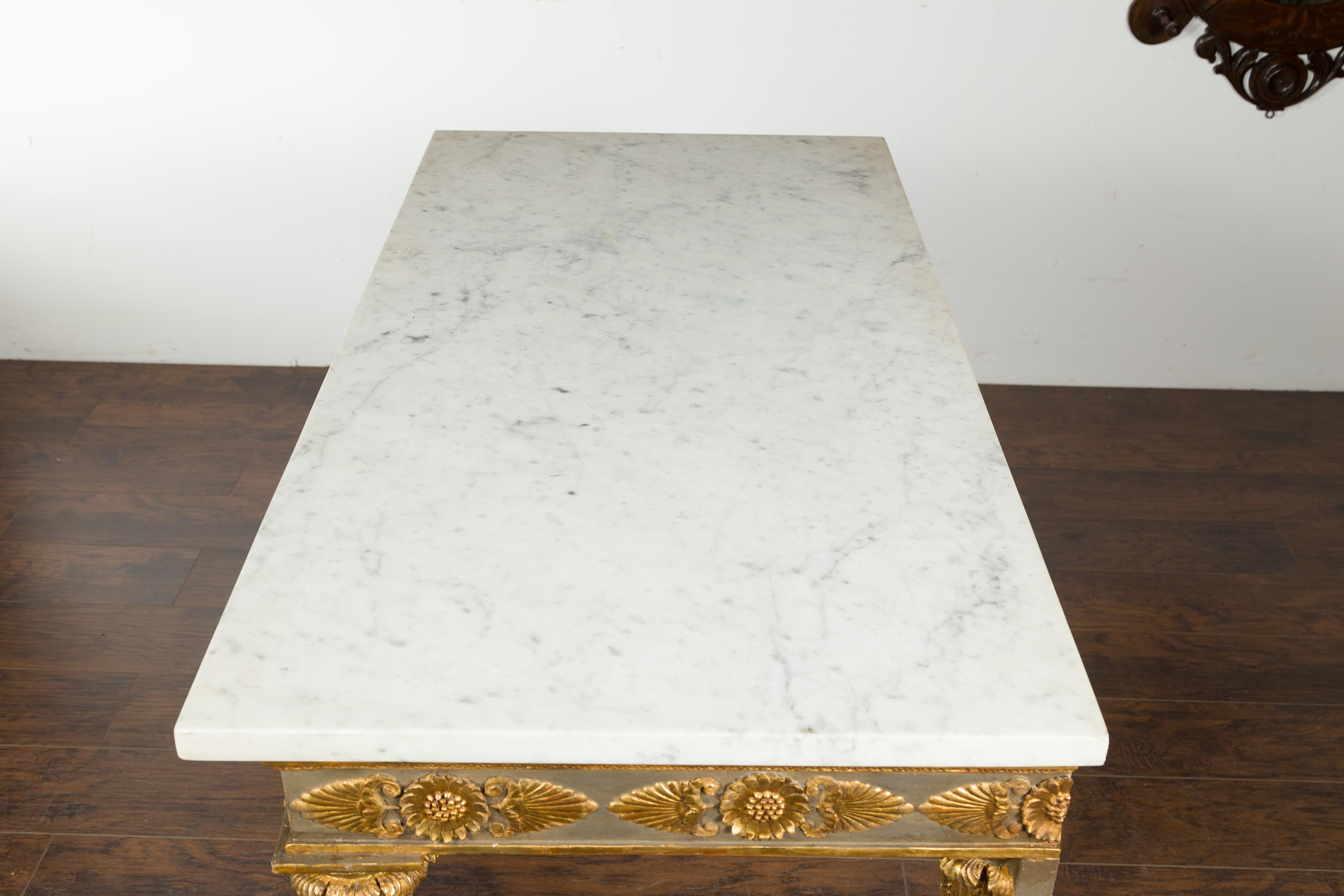 French 1830s Empire Console Table with White Marble Top and Carved Palmettes 12