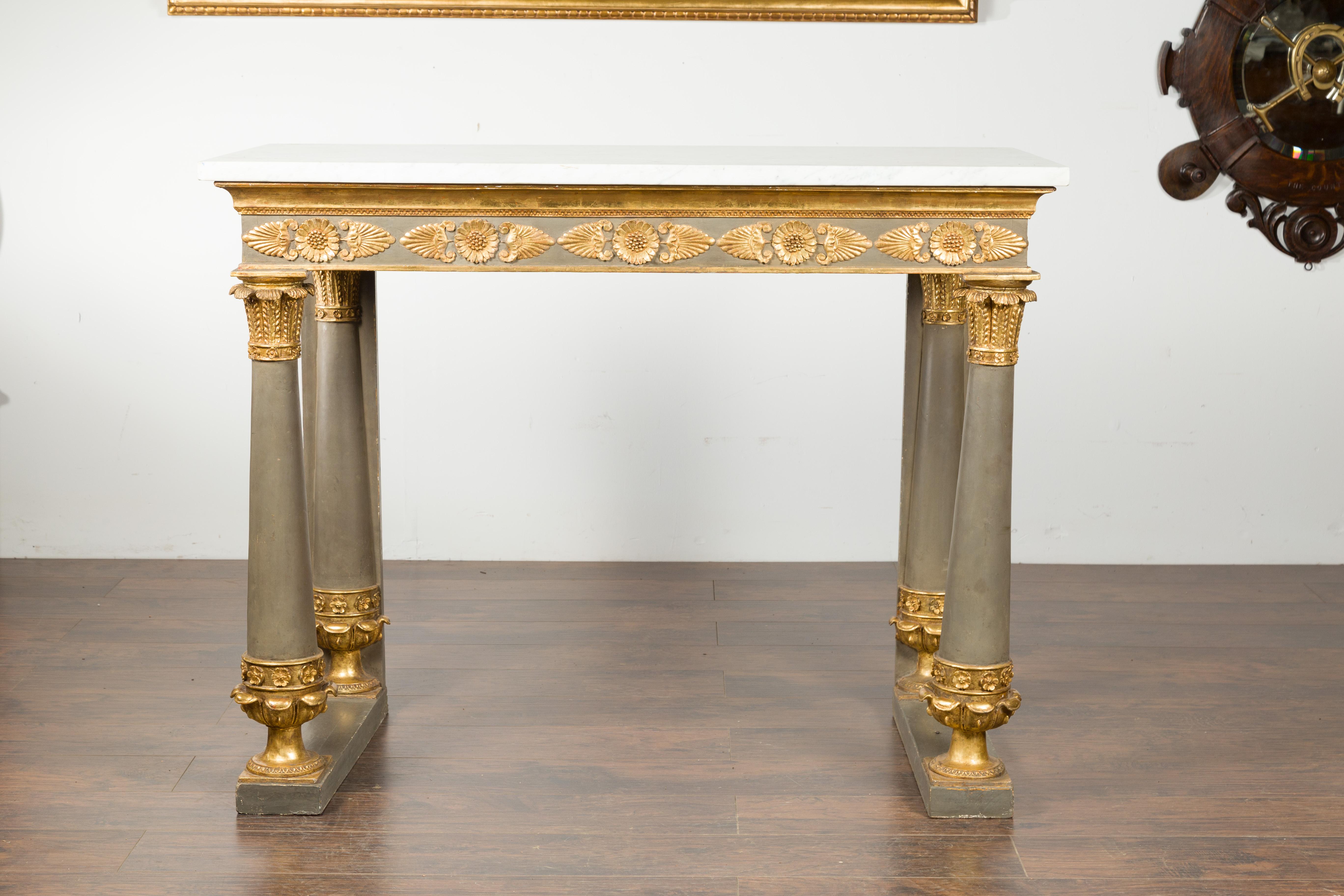 Painted French 1830s Empire Console Table with White Marble Top and Carved Palmettes