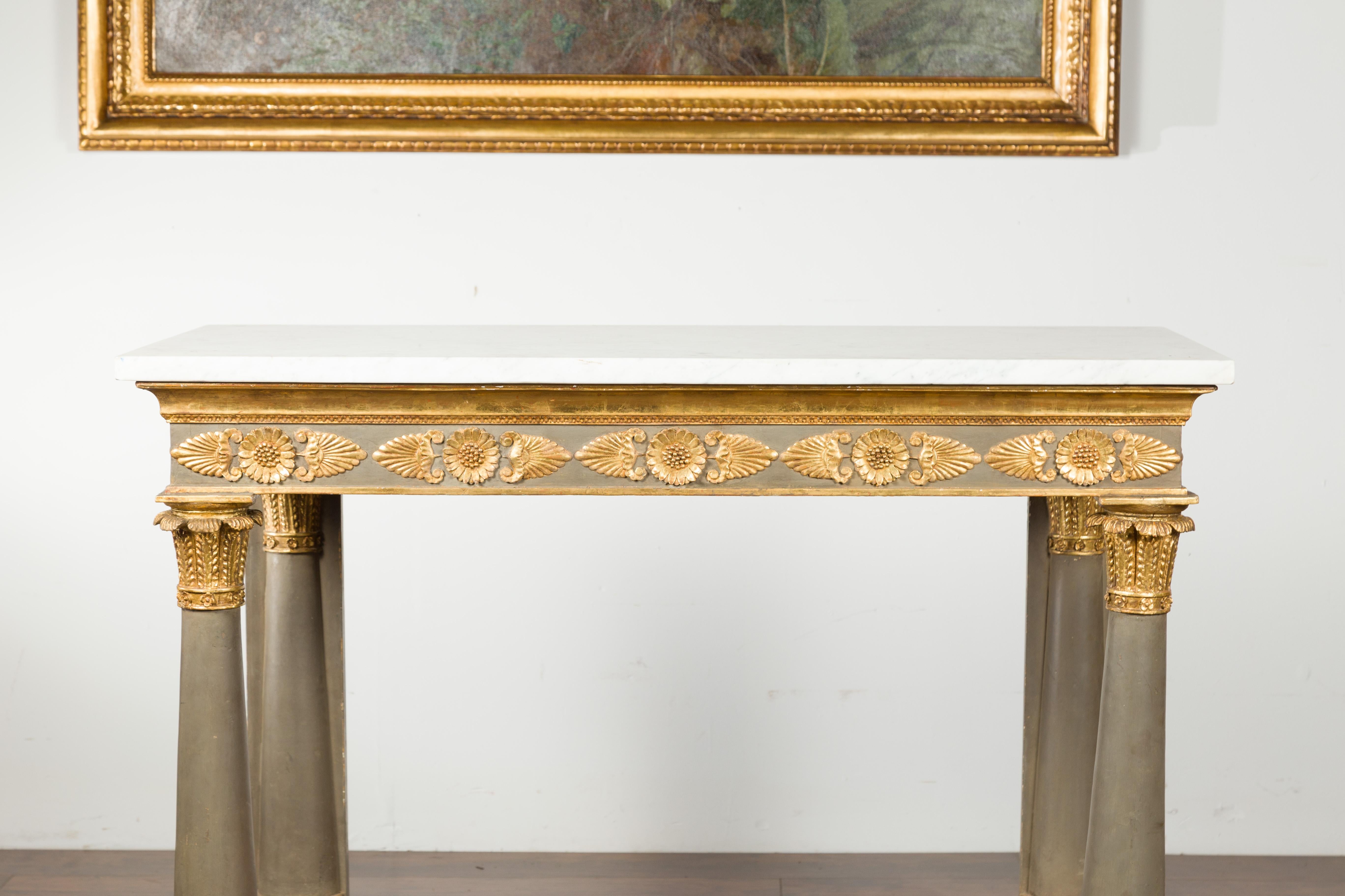 French 1830s Empire Console Table with White Marble Top and Carved Palmettes In Good Condition In Atlanta, GA