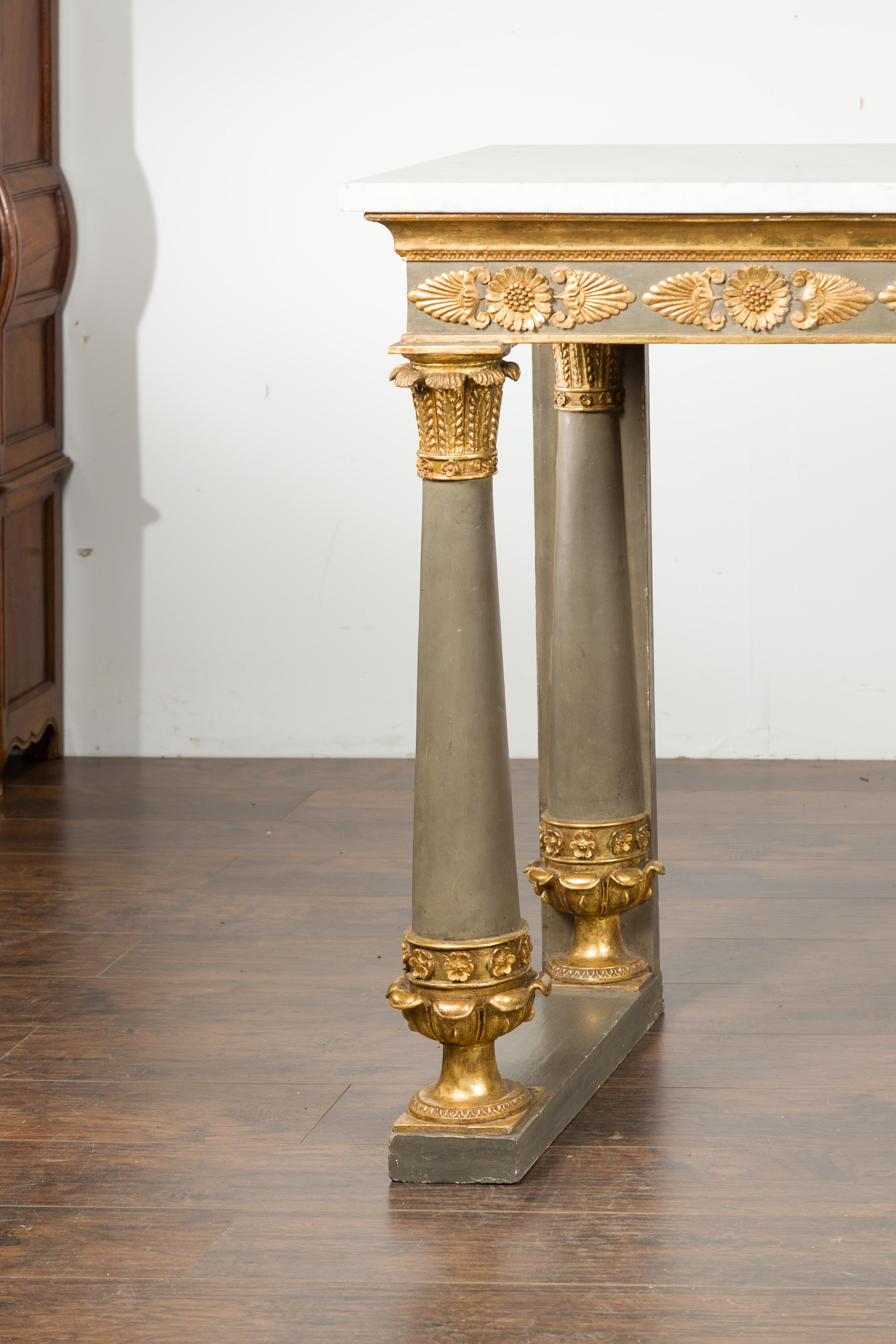 19th Century French 1830s Empire Console Table with White Marble Top and Carved Palmettes