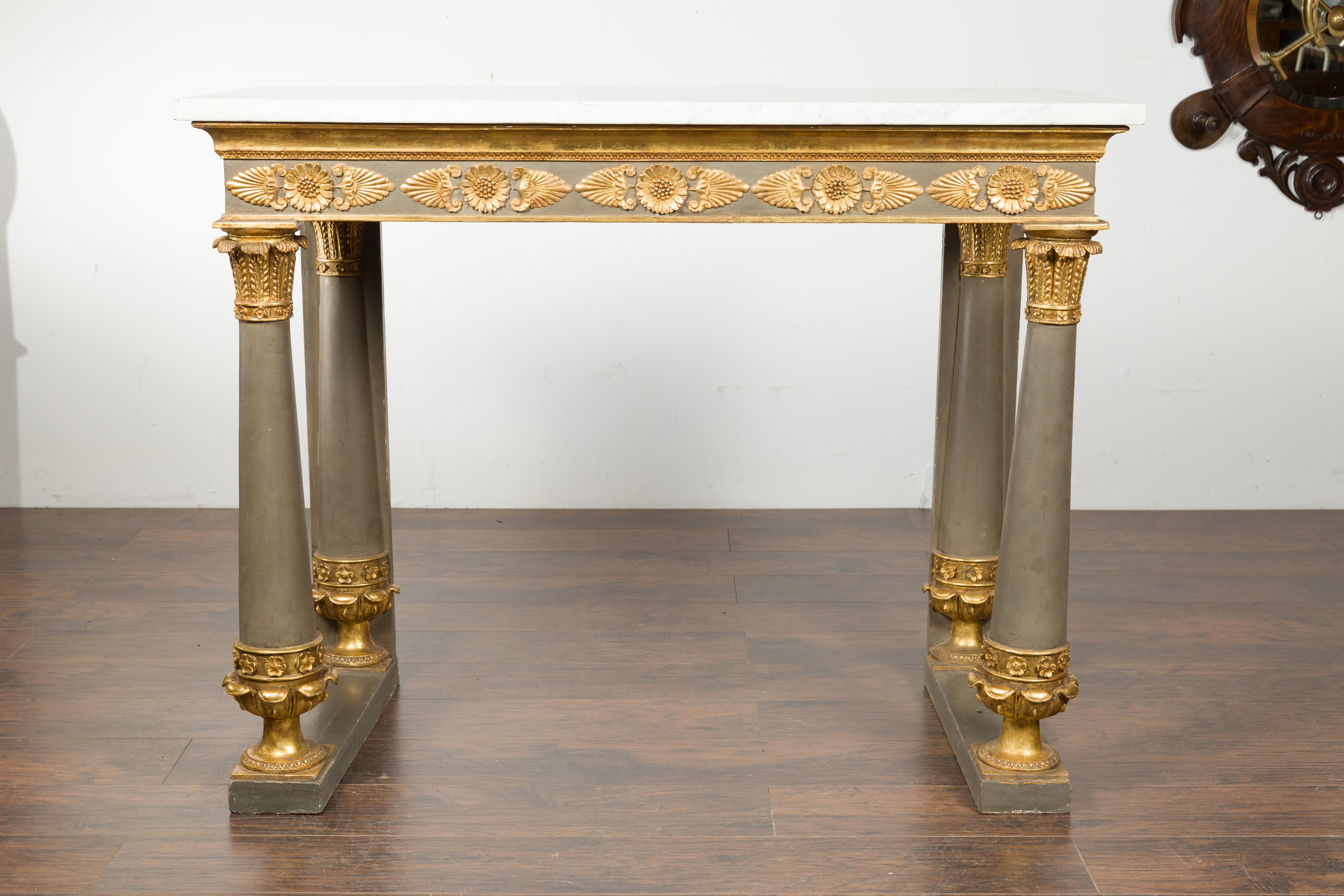 French 1830s Empire Console Table with White Marble Top and Carved Palmettes 1