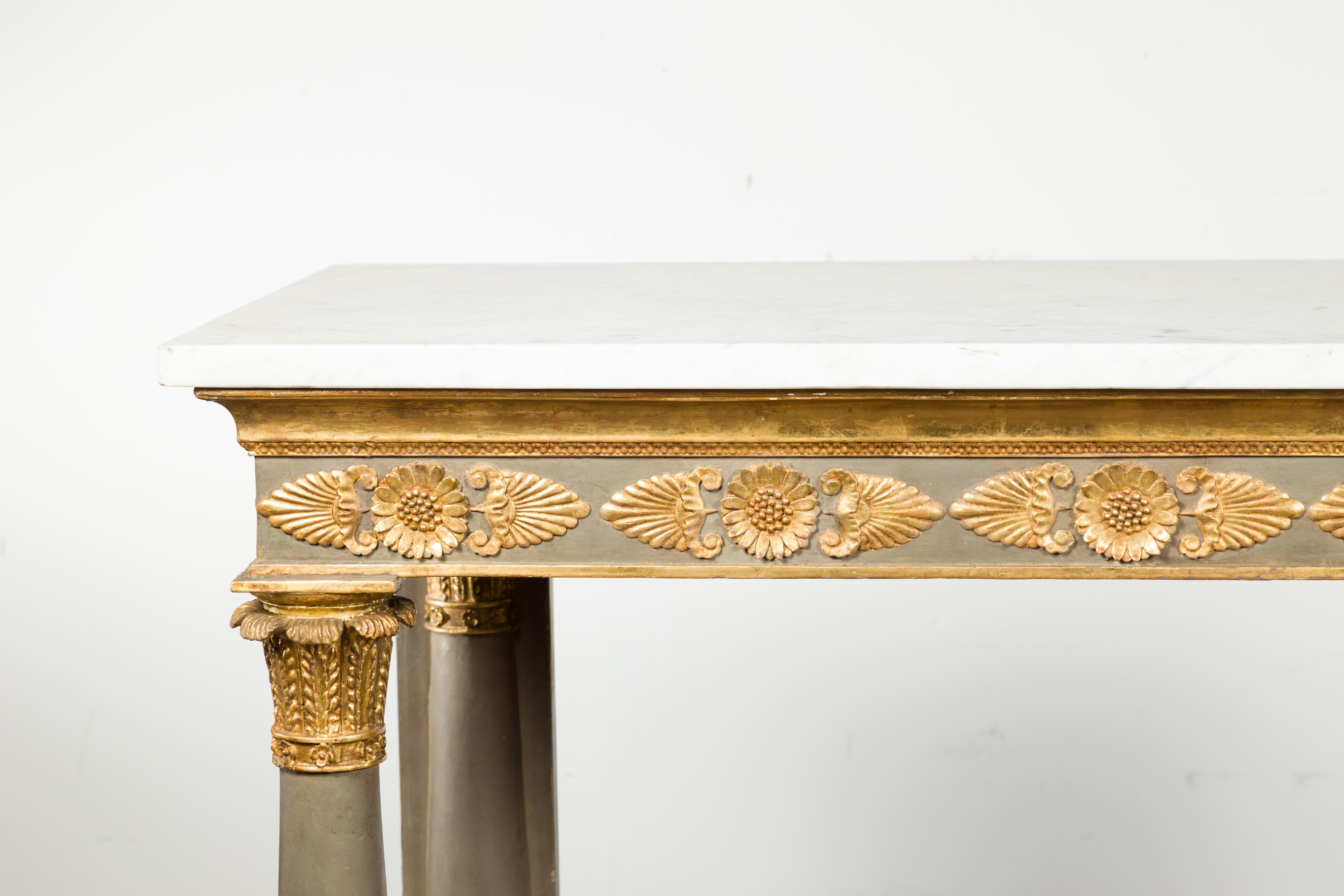 French 1830s Empire Console Table with White Marble Top and Carved Palmettes 2